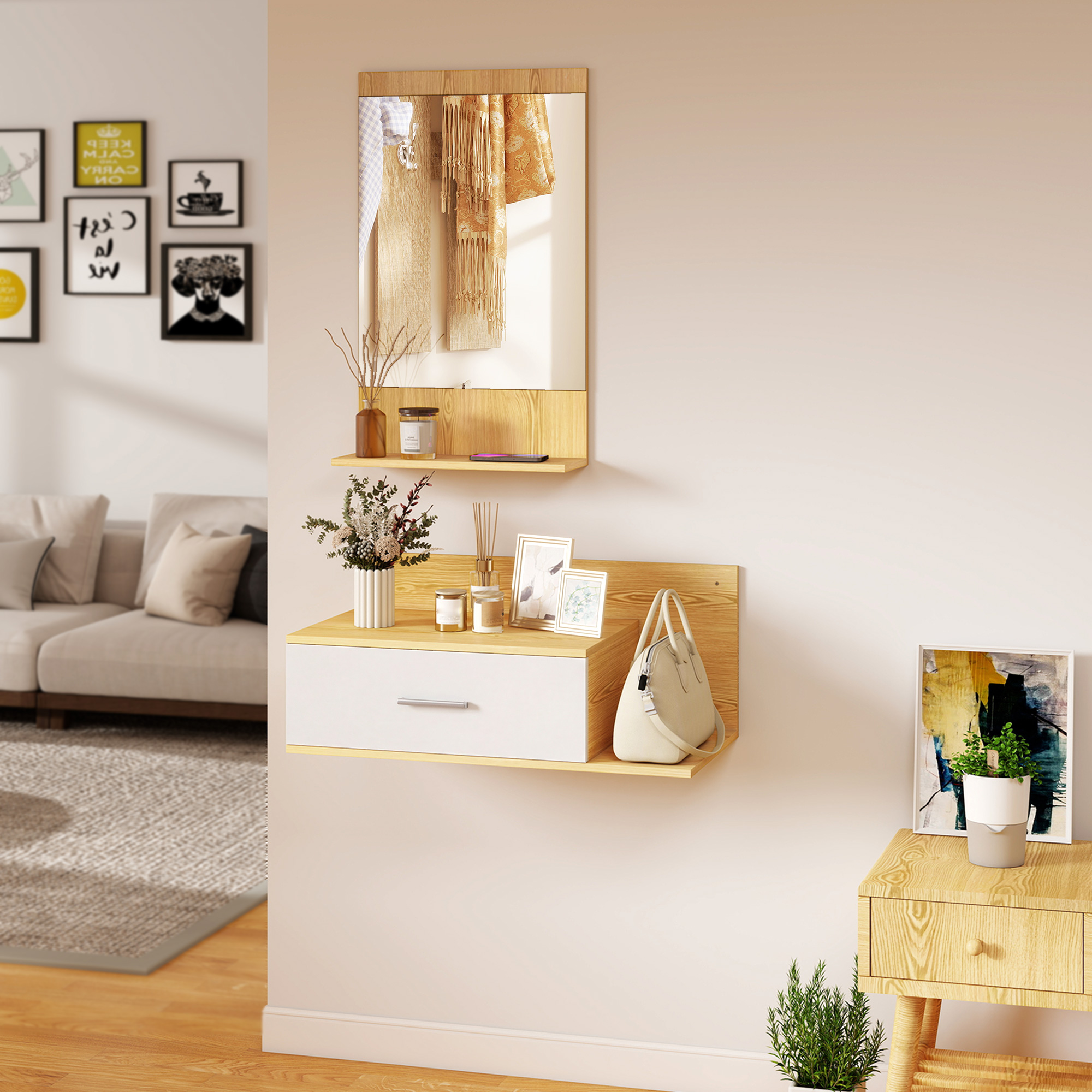  Set de Intrare cu Oglinda cu Raft si Dulap Suspendat cu Sertar si 2 Rafturi Deschise, din Lemn si Sticla [7]