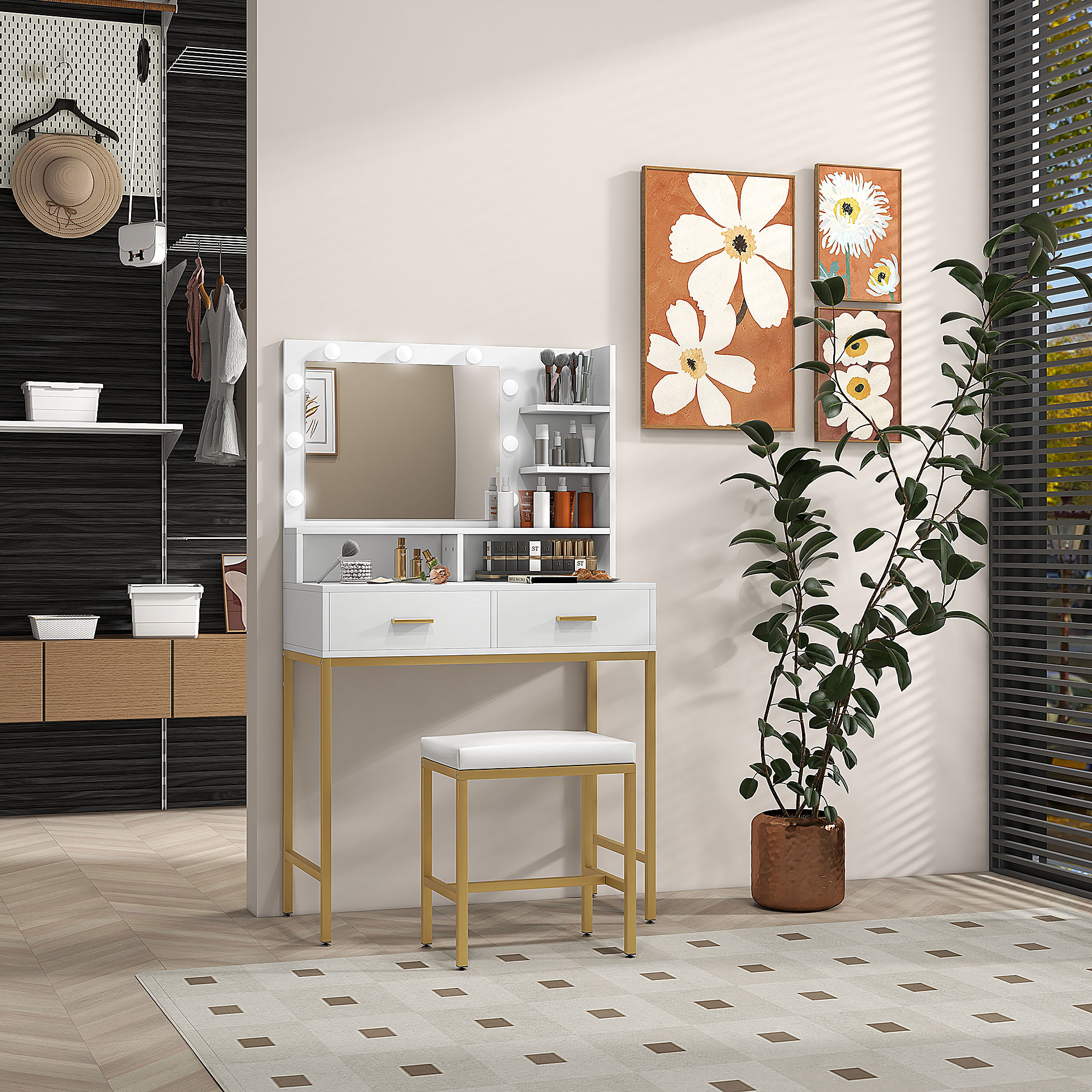  Masa de Machiaj cu Oglinda LED si Scaun, 2 Sertare, 5 Rafturi, pentru Baie, Alb [1]