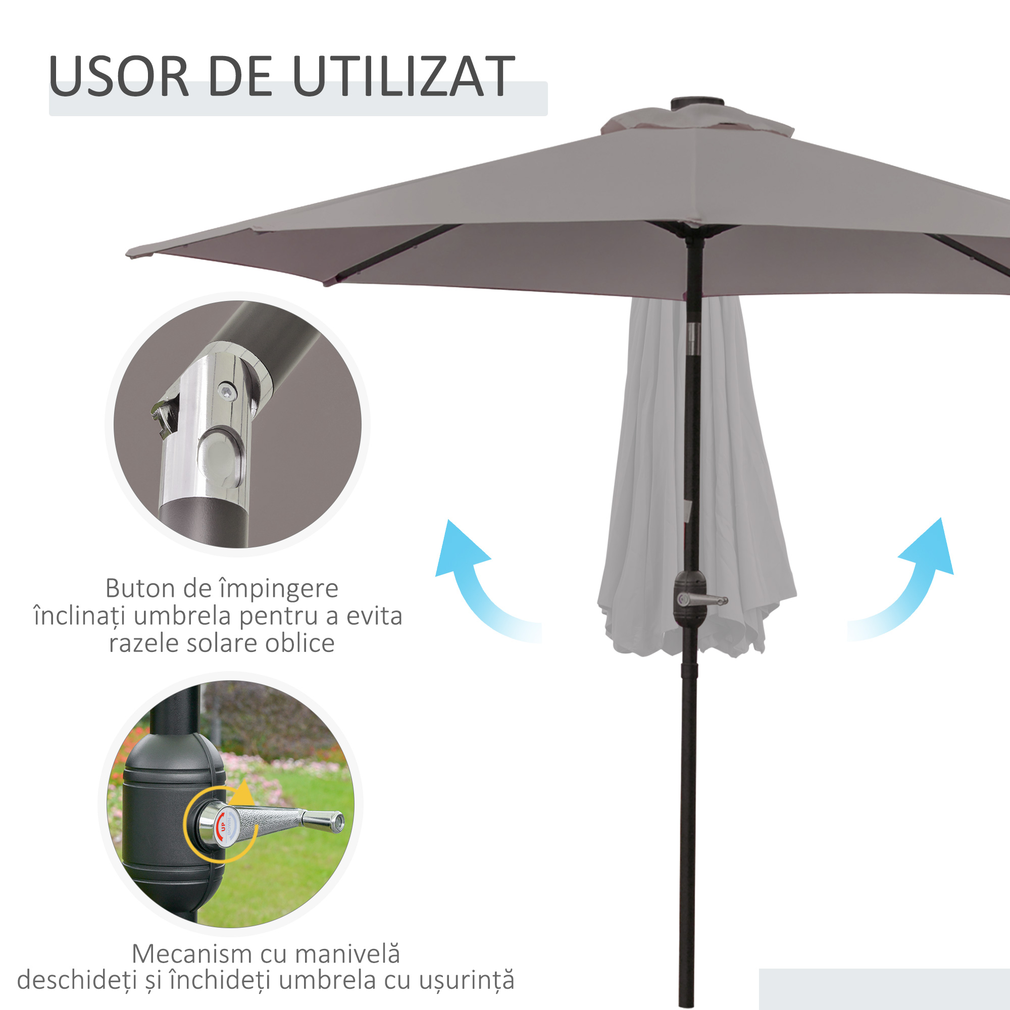  Umbrela de Gradina Reglabila Ø265 cm cu 32 Lumini LED Solare si Manivela, Umbrela de Exterior cu 8 Bare de Sprijin, din Otel, Poliester, pentru Terasa, Curte, Balcon, Gri [6]