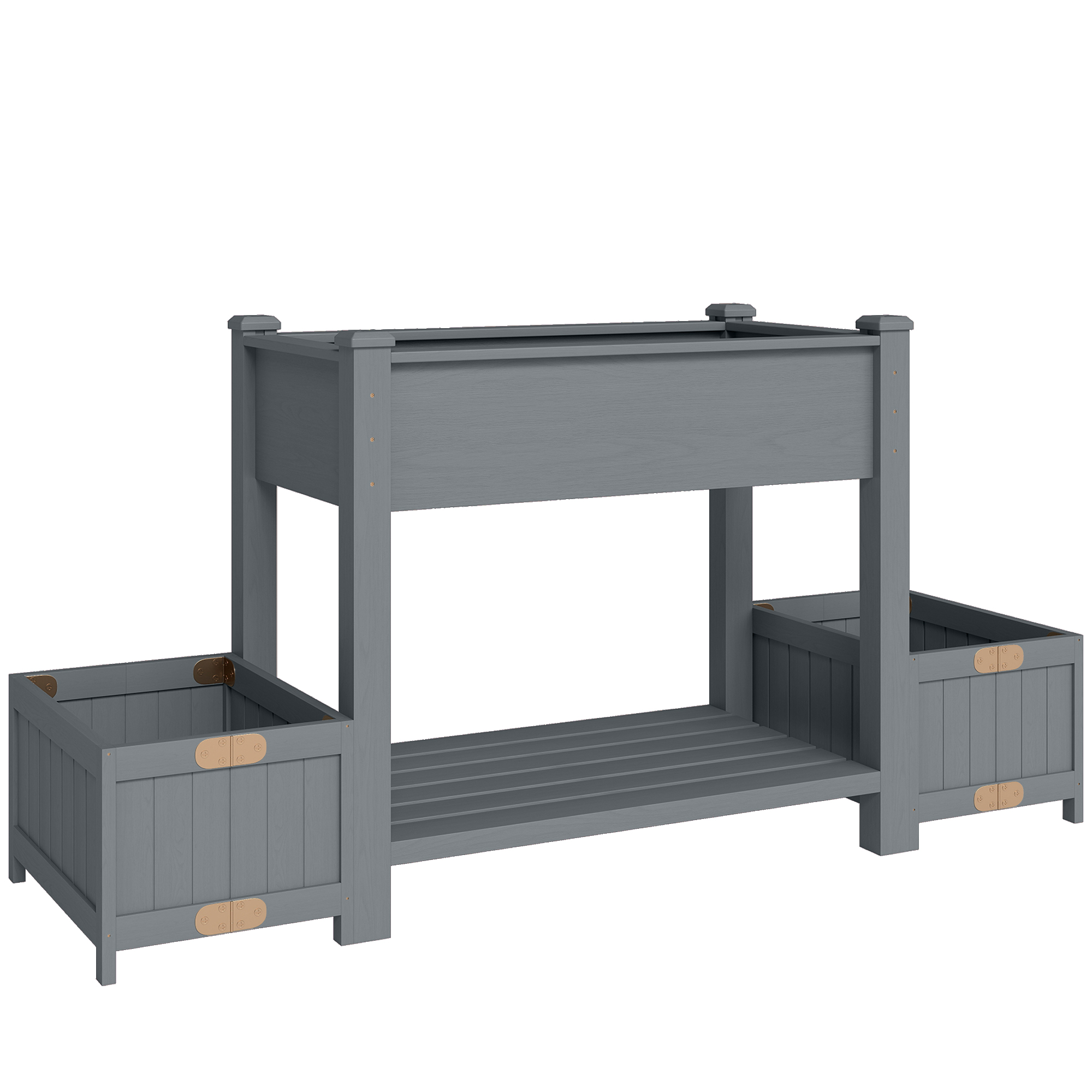 Living & hol -  Jardiniera Ridicata cu 2 Ghivece Laterale si Raft pentru Unelte, din Lemn de Brad, 149x46x76 cm, Gri
