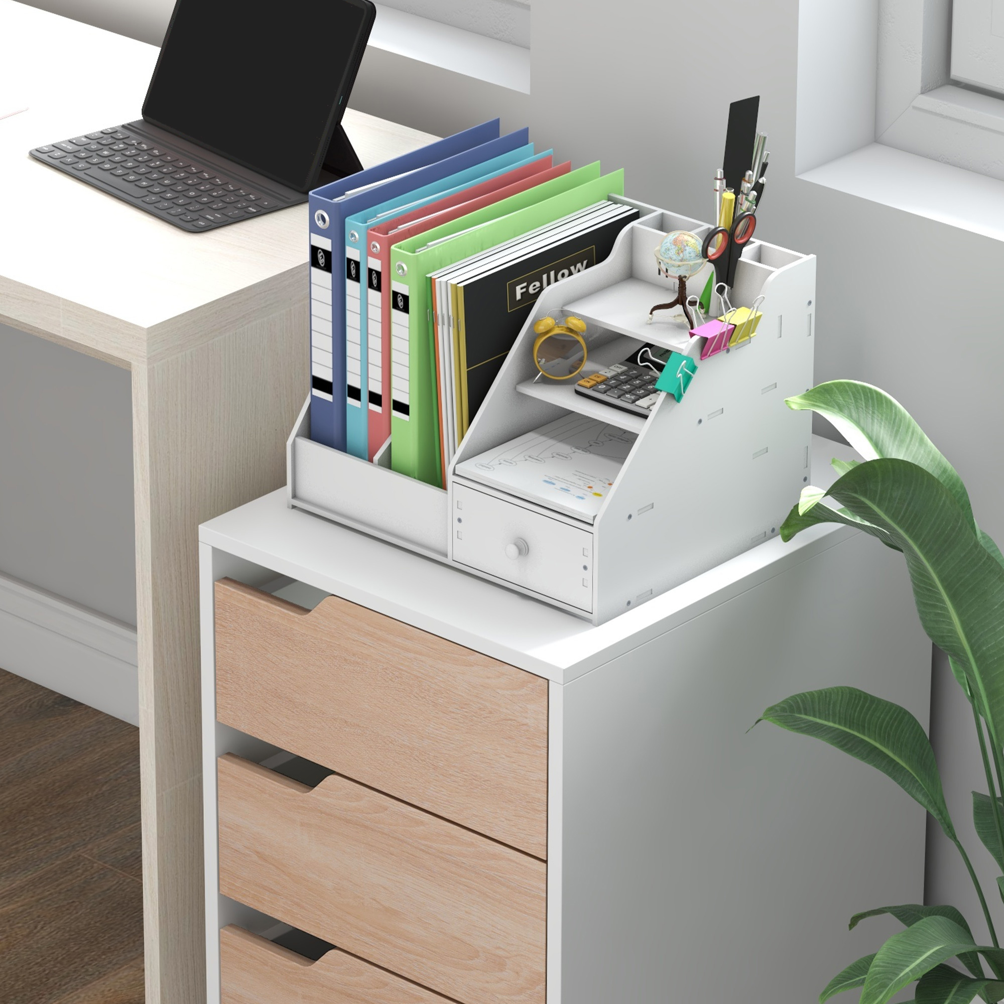  Comoda Birou - 3 Sertare, Roti, Alb si Lemn [7]