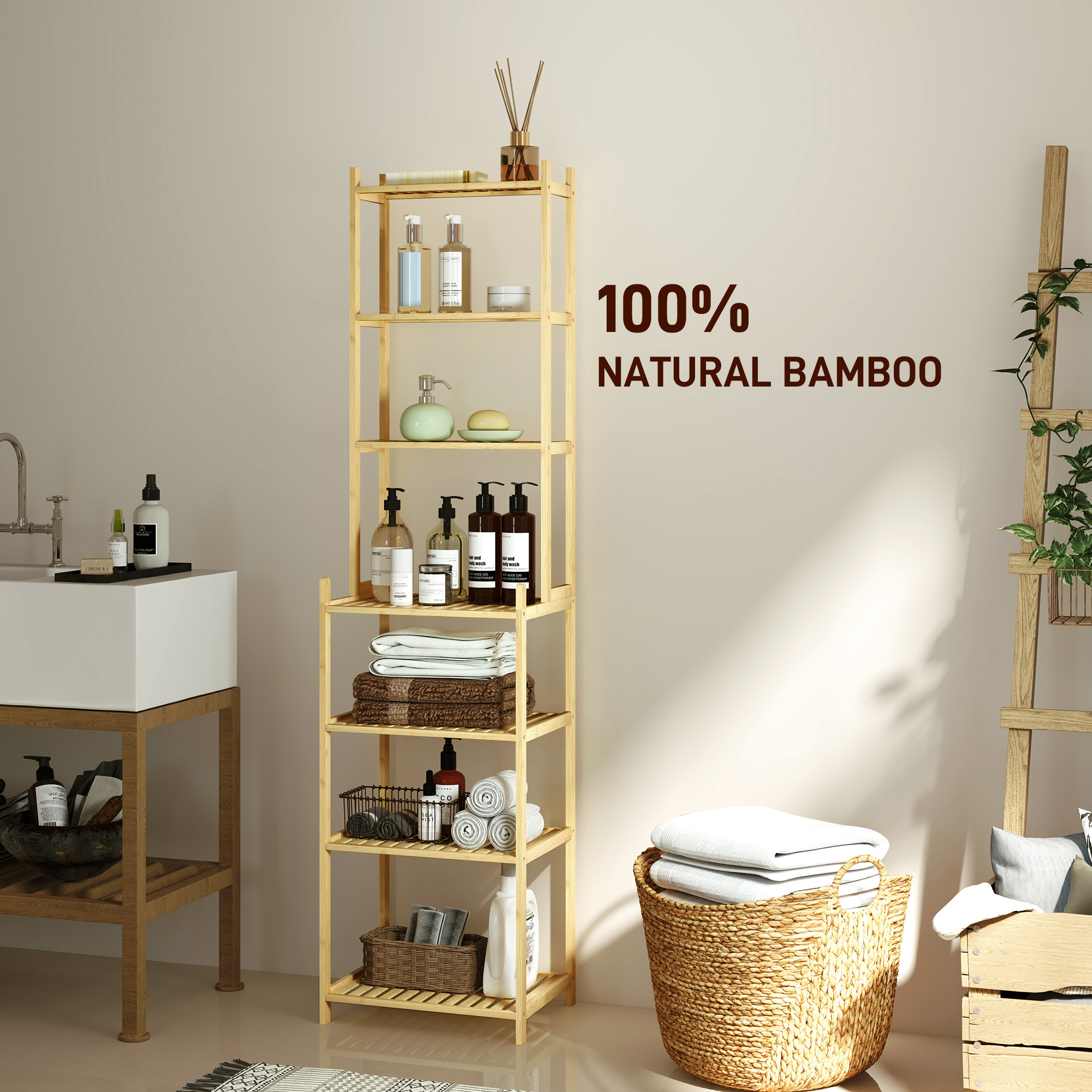  Raft Mobil pentru Baie cu 7 Polite, Depozitare si Organizare, Dulap din Bambus, 44x33x180 cm, Culoare Lemn [5]