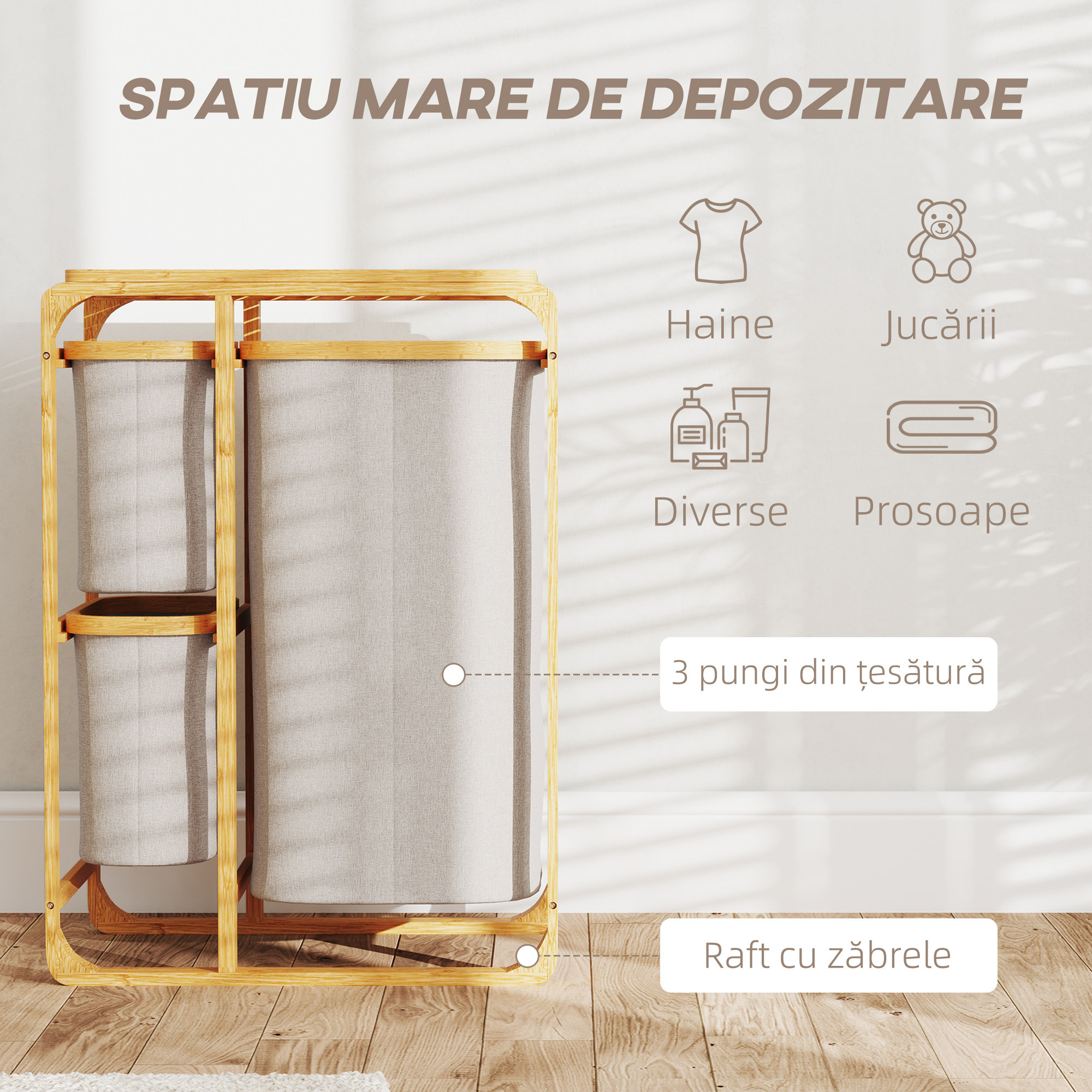  Cos pentru Rufe cu 3 Saci si Rafturi Detasabile din Material Textil din Bambus, 50x32x69,7 cm, Alb Crem [3]