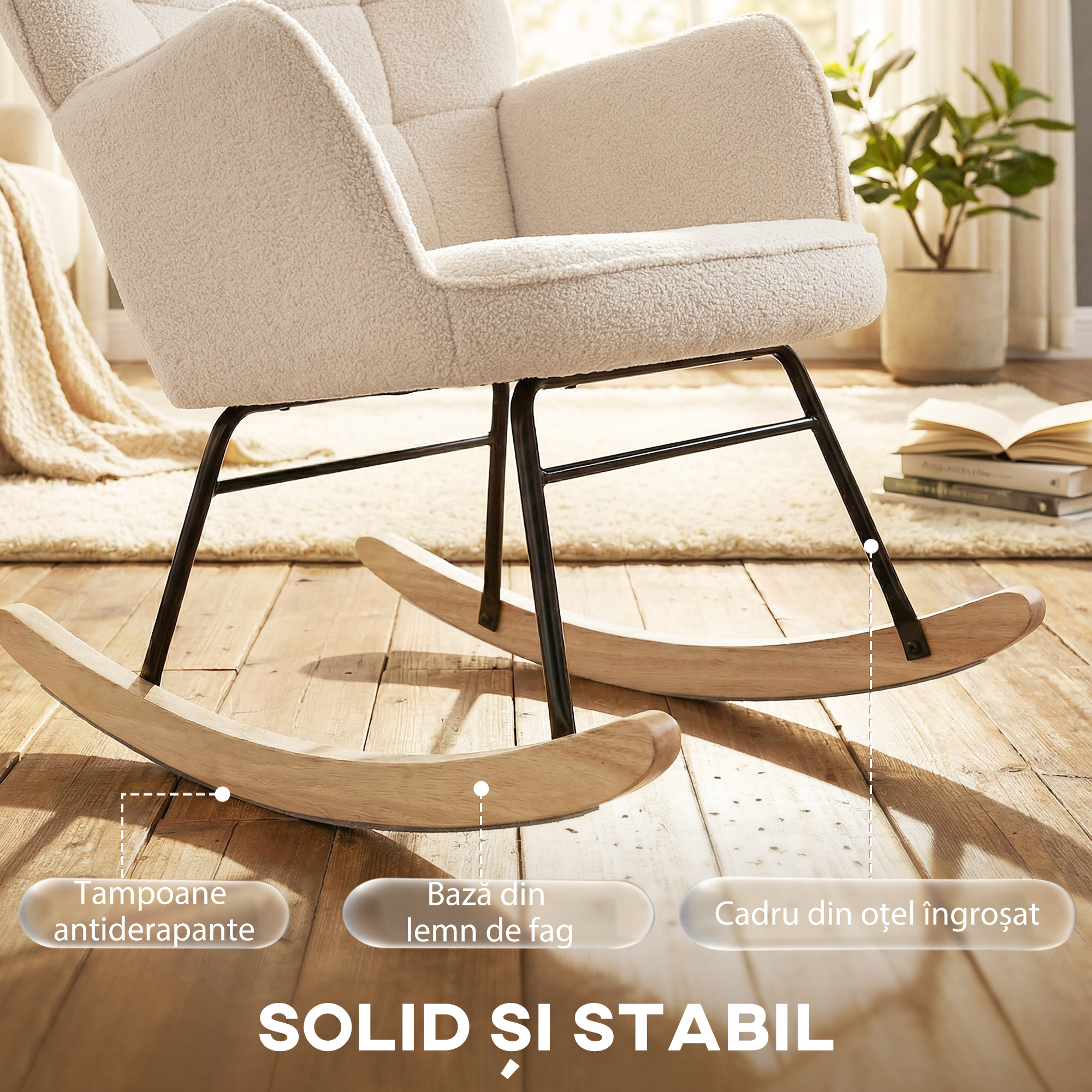  Fotoliu Balansoar Tapitat din Lemn si Otel pentru Living si Dormitor, 71x98x101 cm, Bej [7]