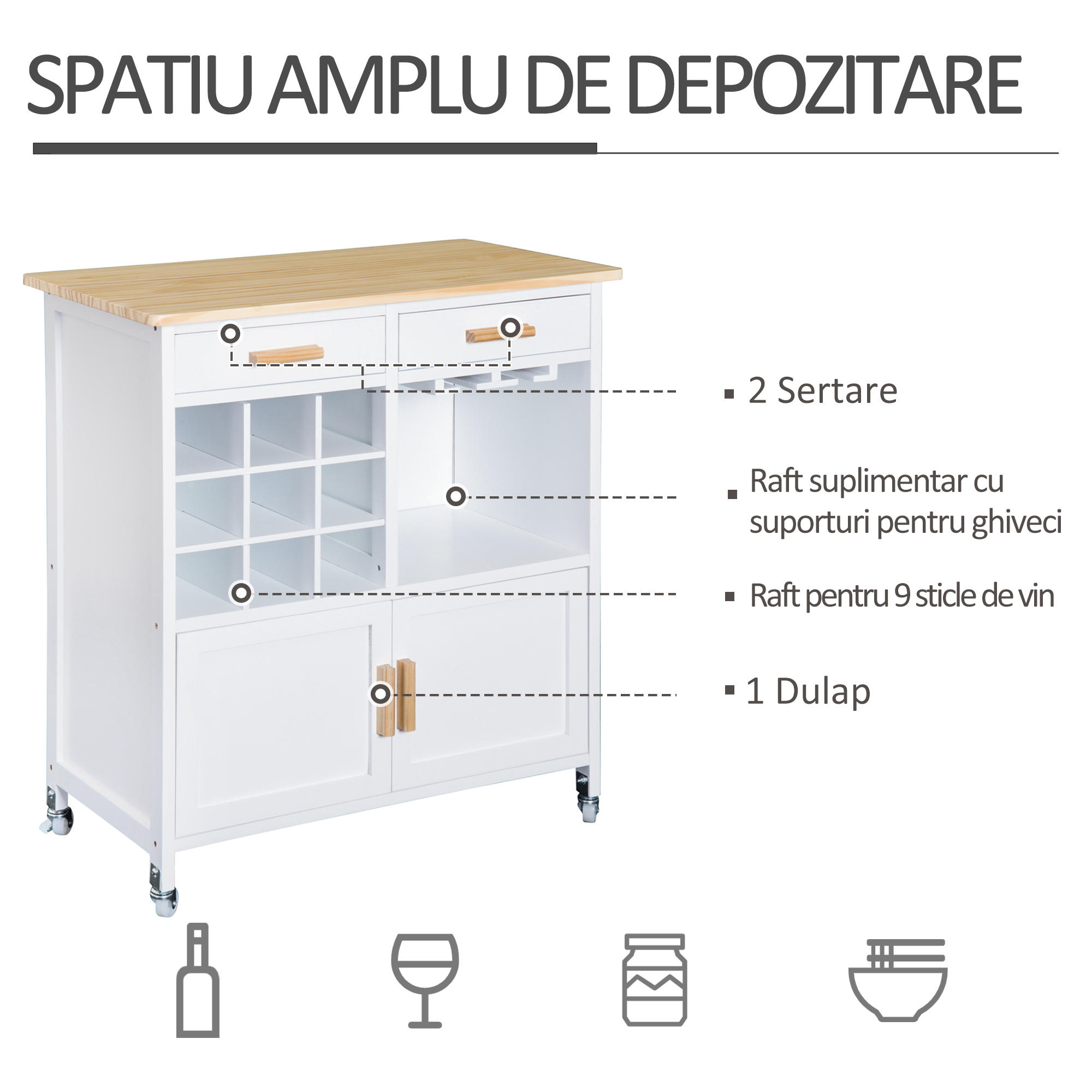  Mobiler de Bucatarie cu Roti, Suport de Pahare si Sticle din Bambus, 76x40x88cm [3]