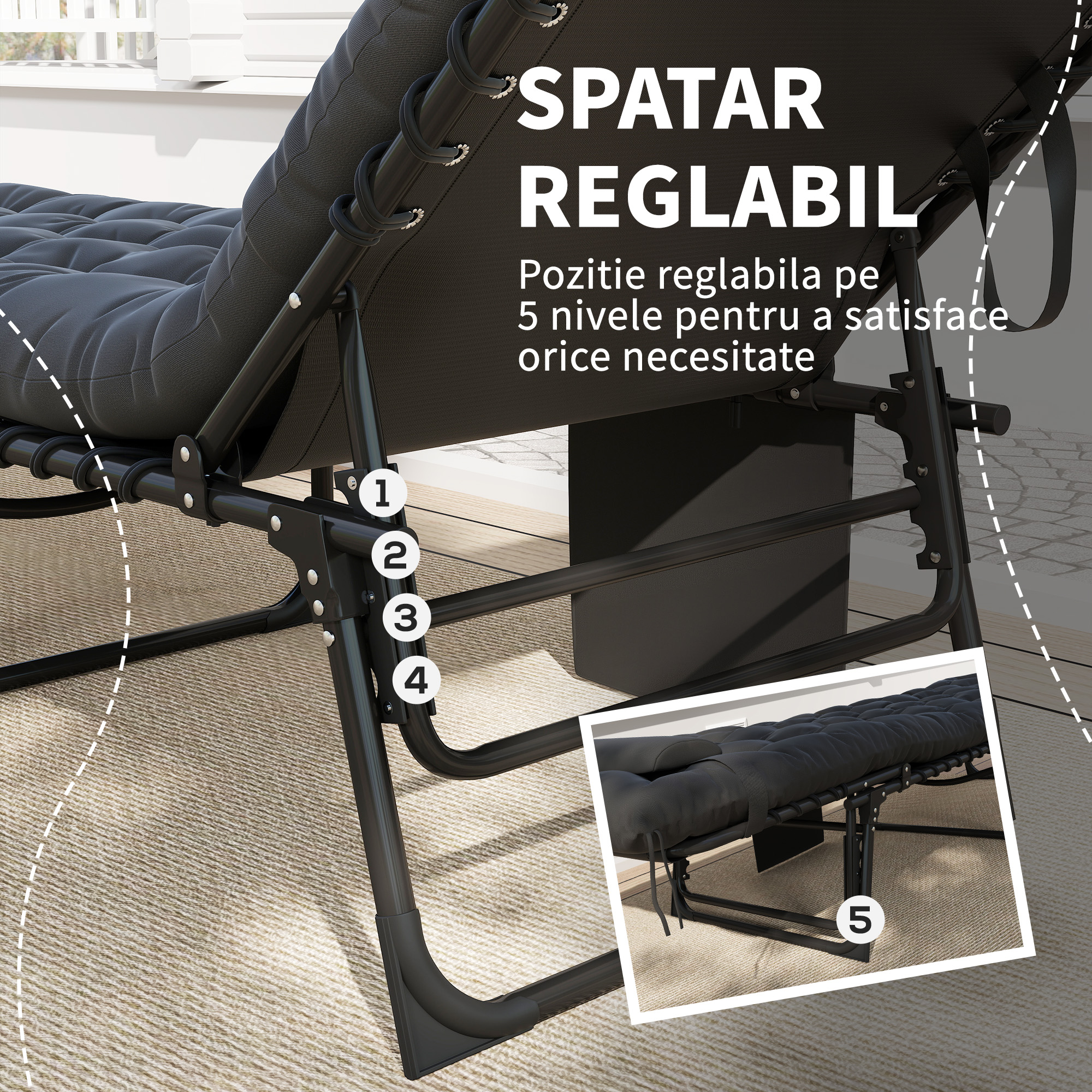  sezlong pliabil cu perna, tetiera si buzunar lateral, 58x189x32,5 cm, negru [3]