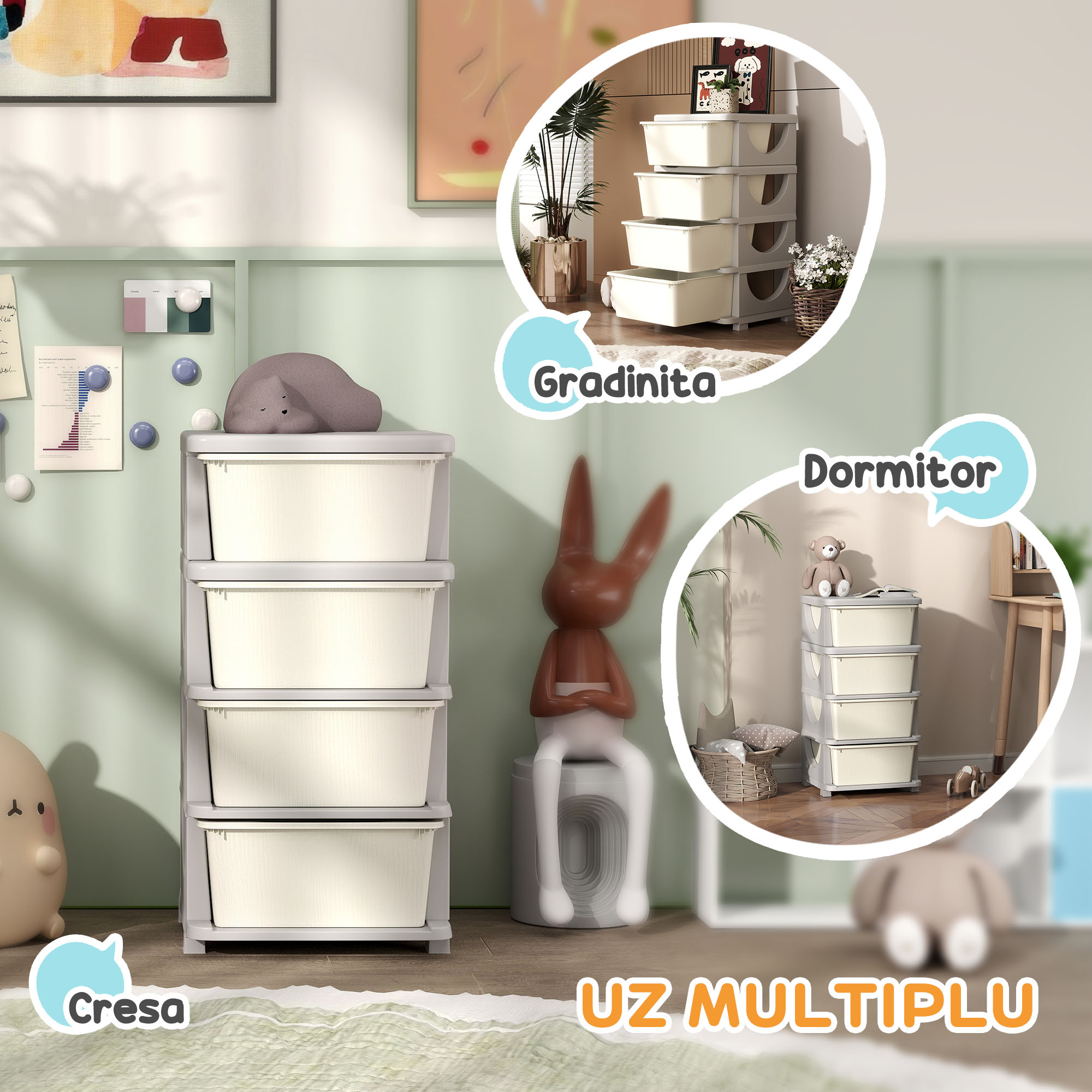  Comoda din Plastic Colorat cu 4 Sertare Nuanta Crem 37x37x76cm [5]