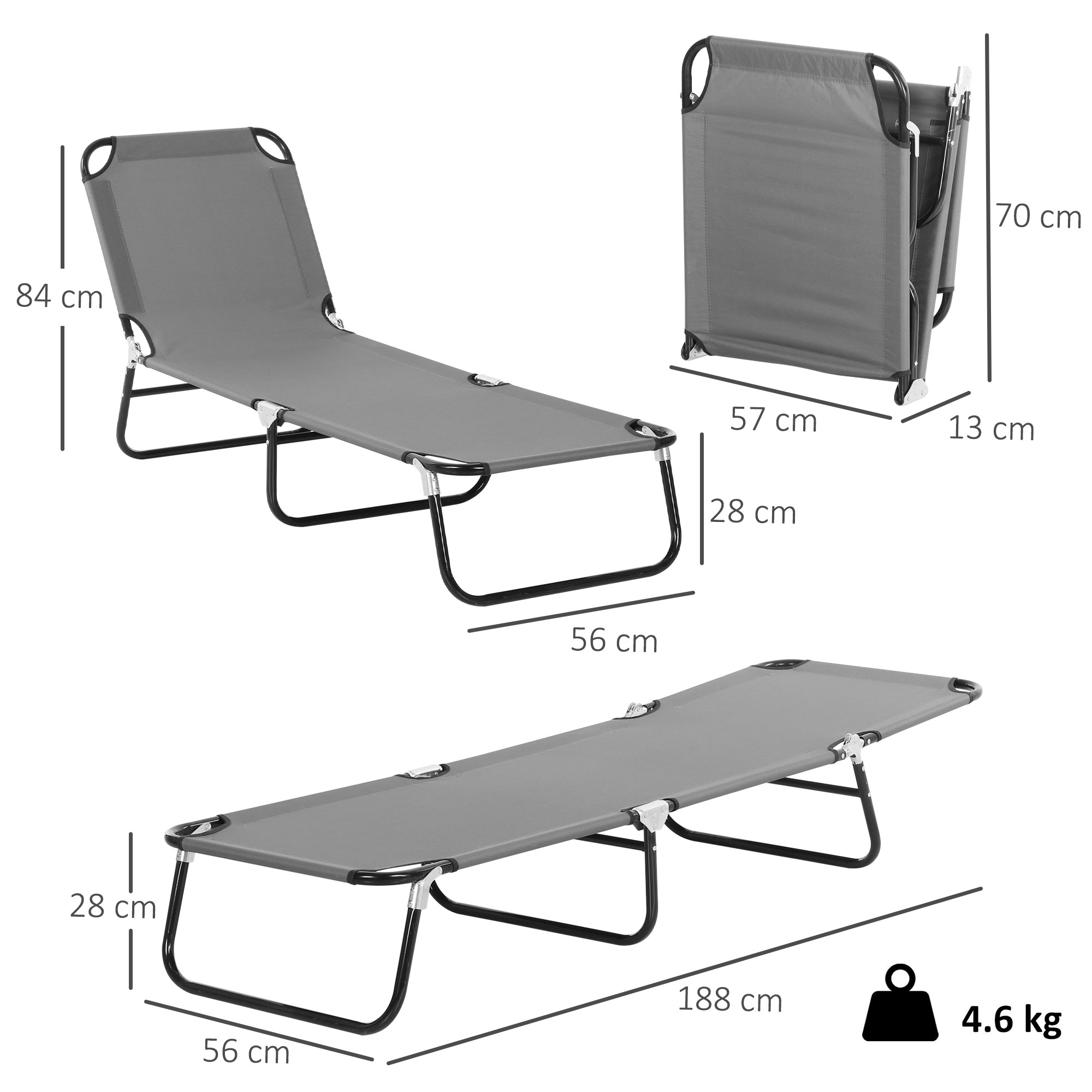 sezlong Pliabil cu Spatar Reglabil in 5 Pozitii, sezlong de Gradina cu Material Respirabil din tesatura Oxford, pentru Plaja, Piscina, Gradina, 188x56x28 cm, Gri [2]