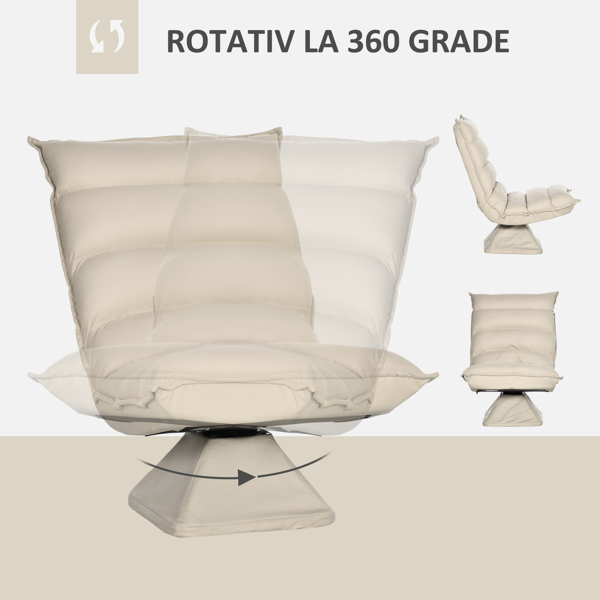  Fotoliu Relax din material capitonat cu pivotare la 360°, fotoliu rabatabil pe 3 nivele 62x62x95cm, bej [4]