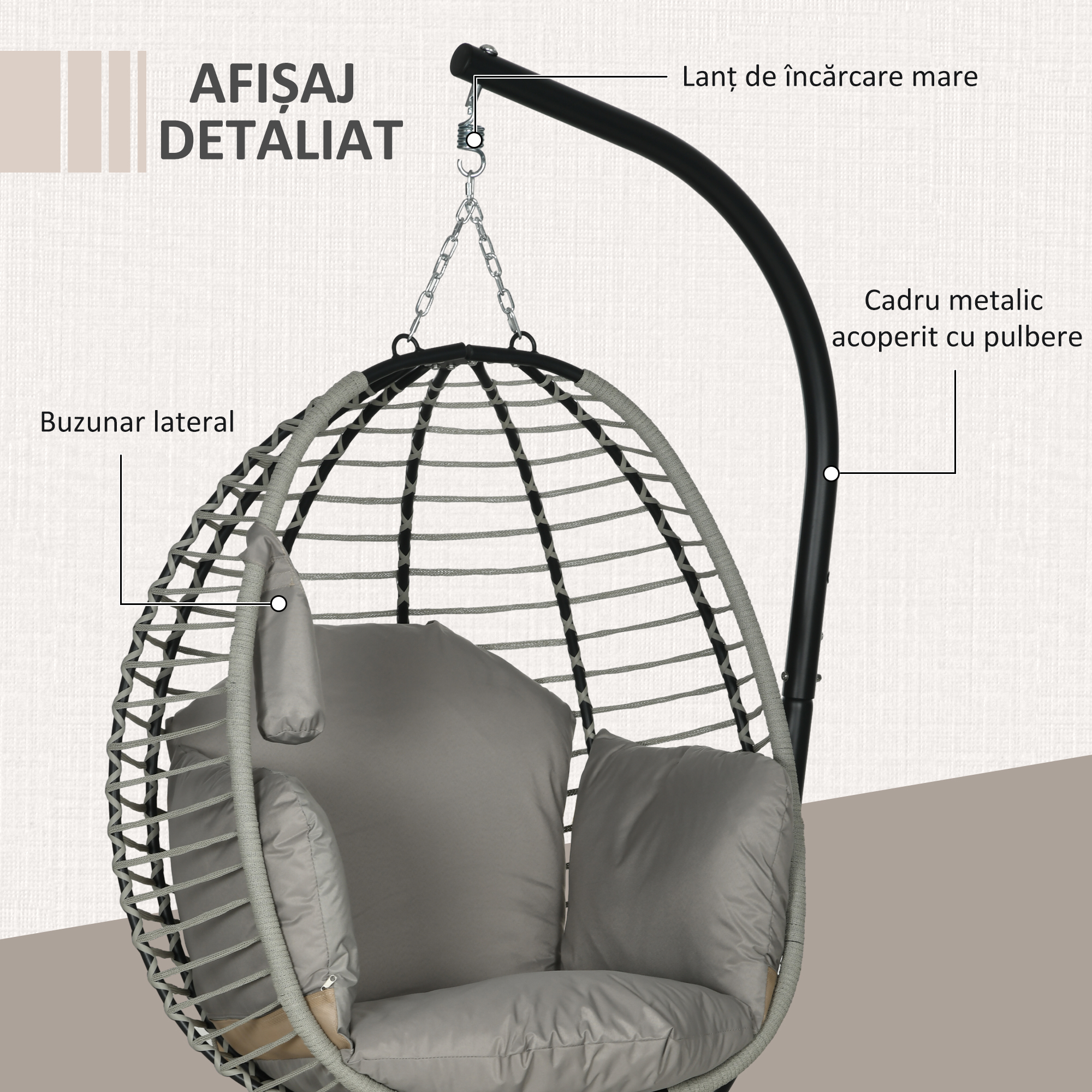  Leagan pentru Exterior cu Perna Capitonata, Scaun Suspendat pentru Terasa cu Suport Metalic, Cos Pliabil, 110x100x188 cm, Gri [6]