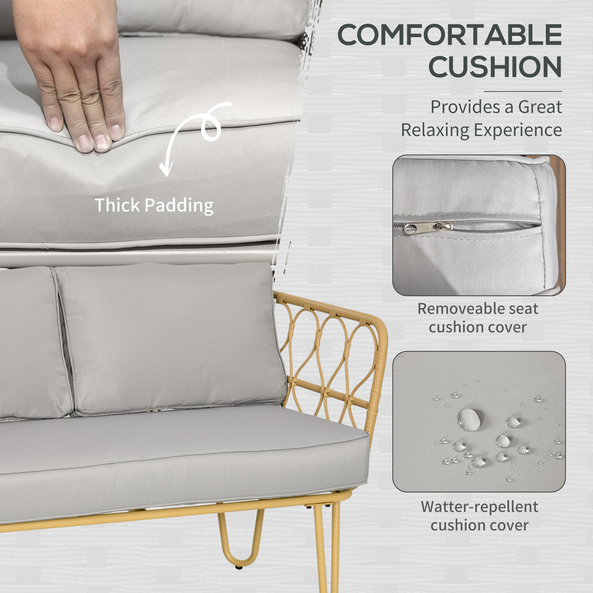  Set canapea din ratan PE din 4 piese, Seturi de mobilier de conversatie pentru gradina impletite, cu impletitura rotunda, cu perne groase capitonate si masuta cu sticla pentru balcon [3]