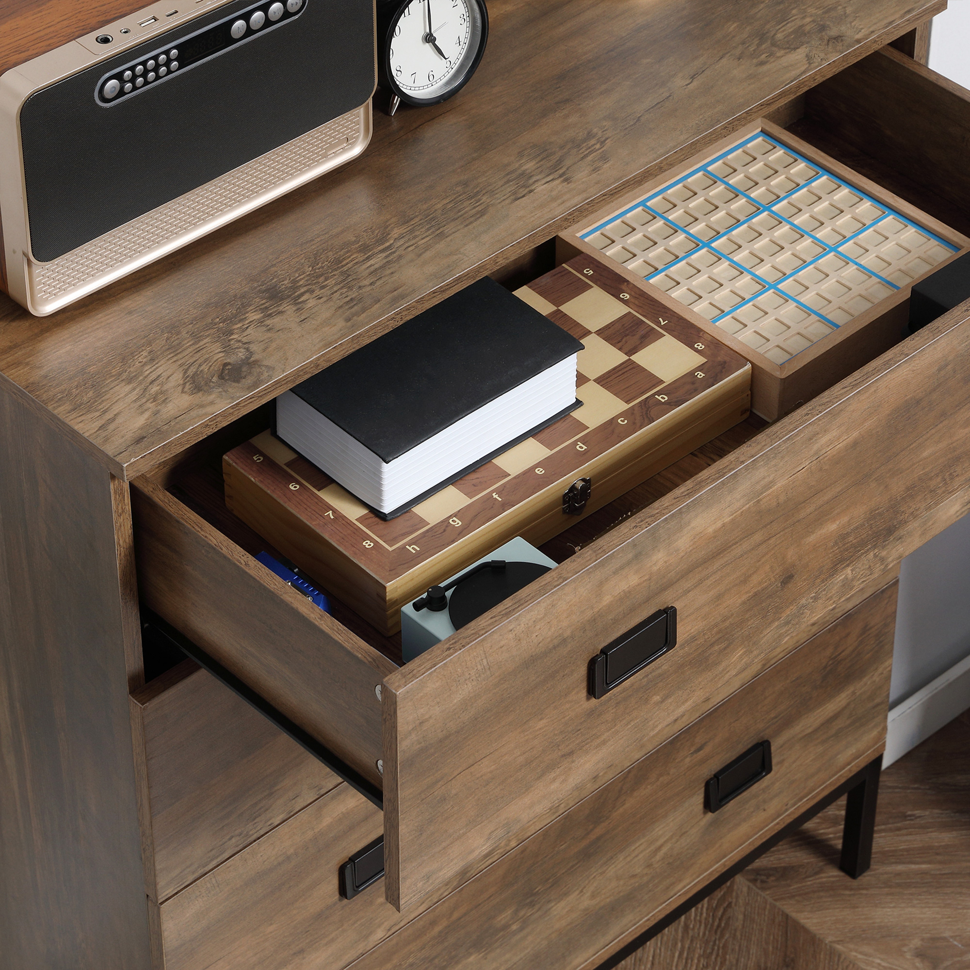  Comoda, unitate de depozitare cu 4 sertare cu cadru metalic pentru dormitor, sufragerie, maro [8]