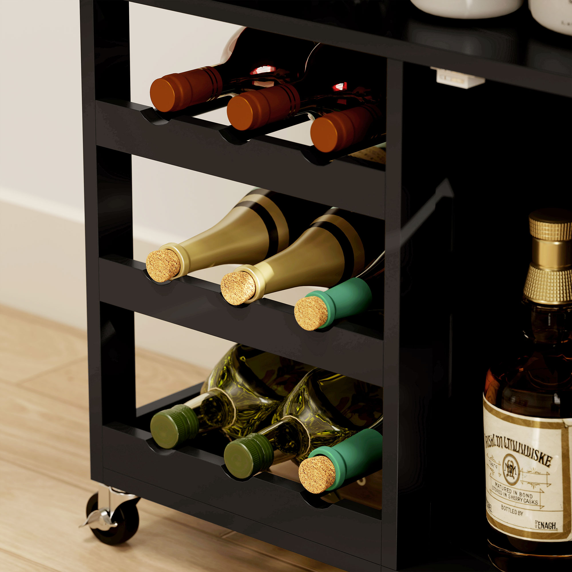  Carucior de Bucatarie din Lemn cu Suport pentru Sticle, 3 Usi si Sertar, 67x37x87 cm, Negru si Stejar [8]