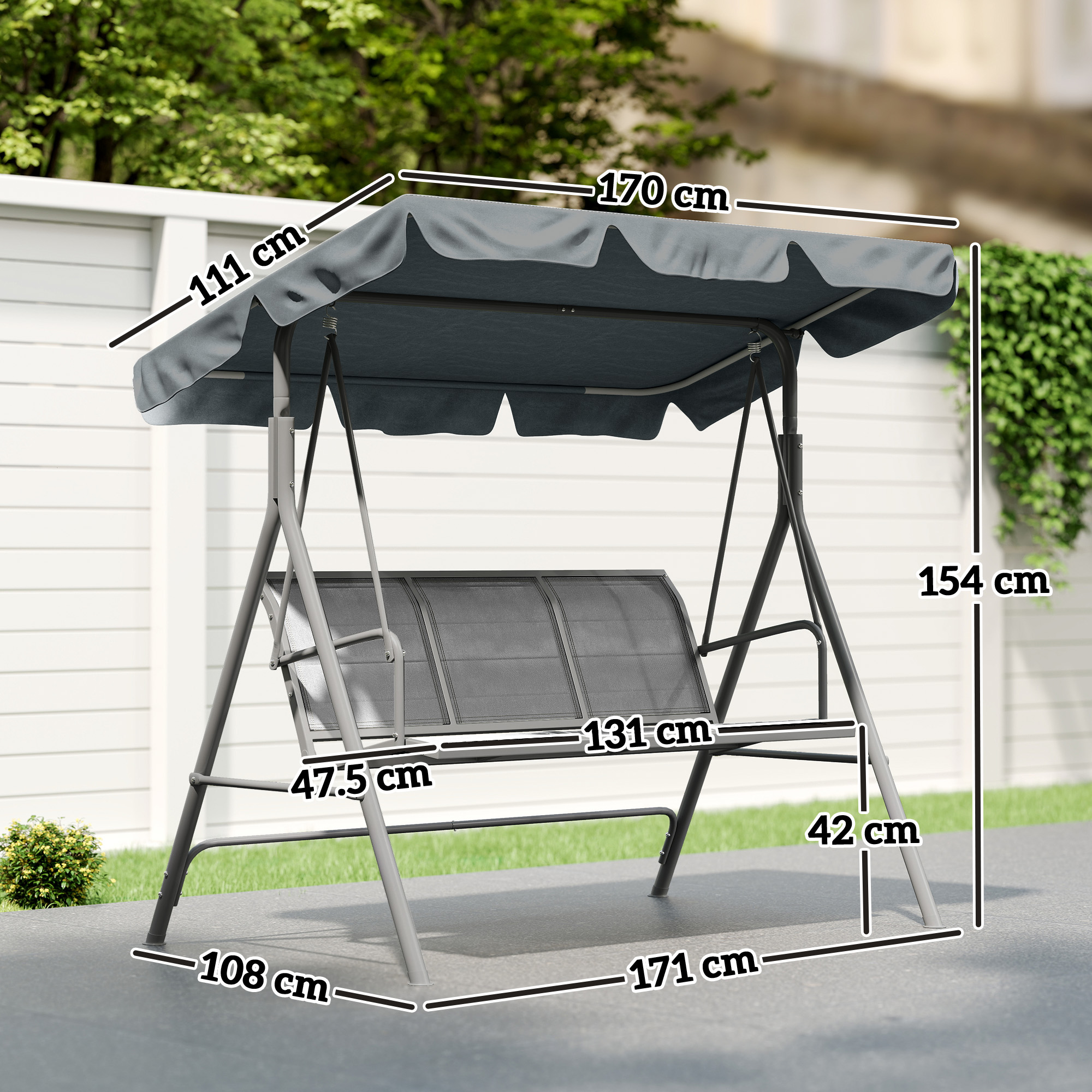  Balansoar de Gradina 3 Locuri cu Acoperis Reglabil si Detasabil, sezut din Poliester, Capacitate 240 kg, 171x108x154 cm, Gri inchis [2]