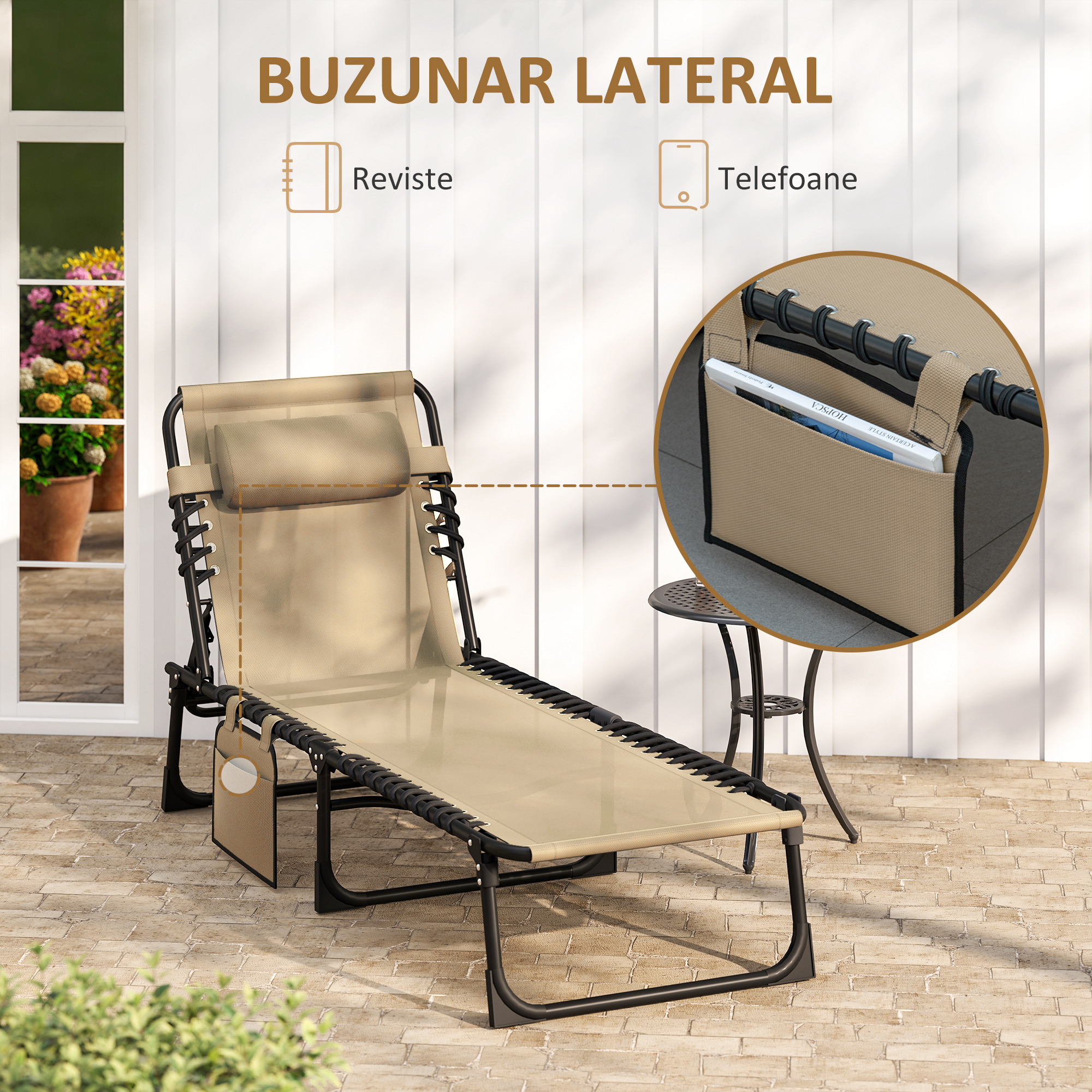  Portable Sun Lounger, Folding Camping Bed 5-position Adjustable Grey [6]