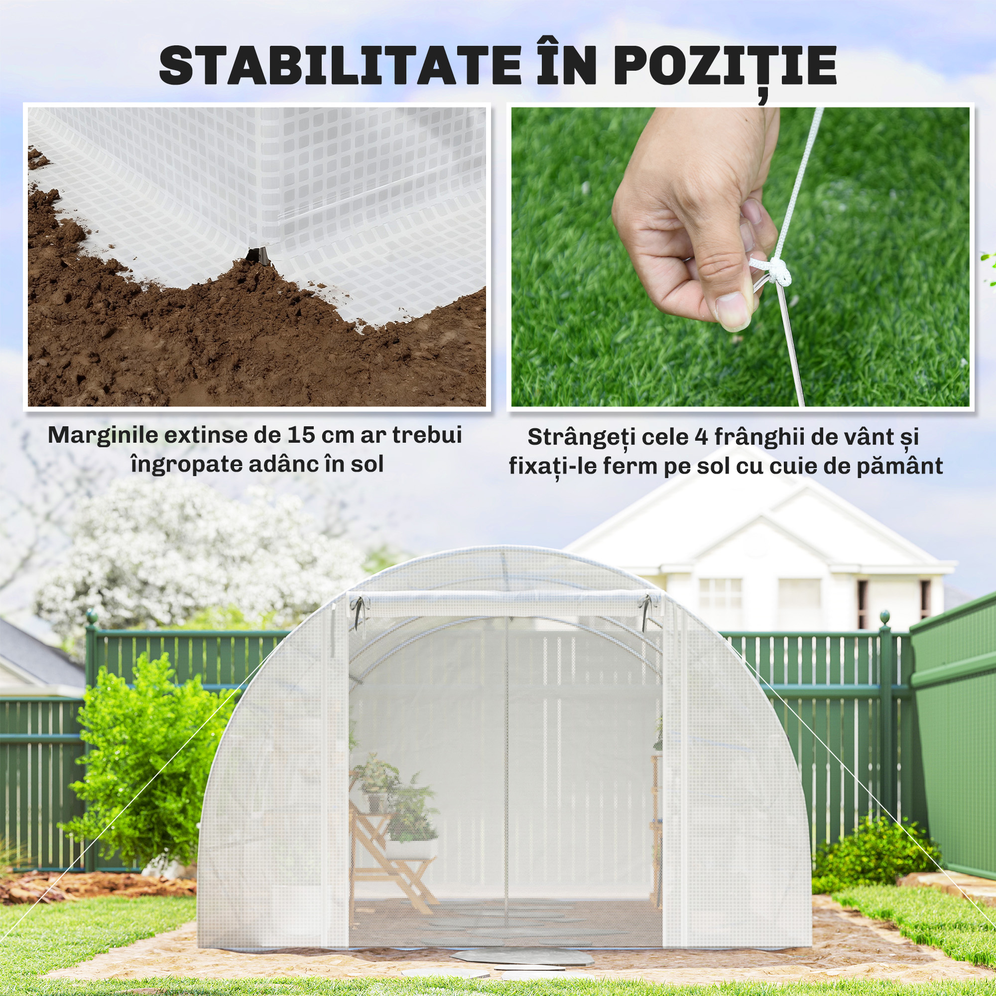  Sera tip tunel cu 2 bare detasabile si usi si ferestre cu plasa, din otel galvanizat si polietilena, 396x300x200 cm, alb [7]