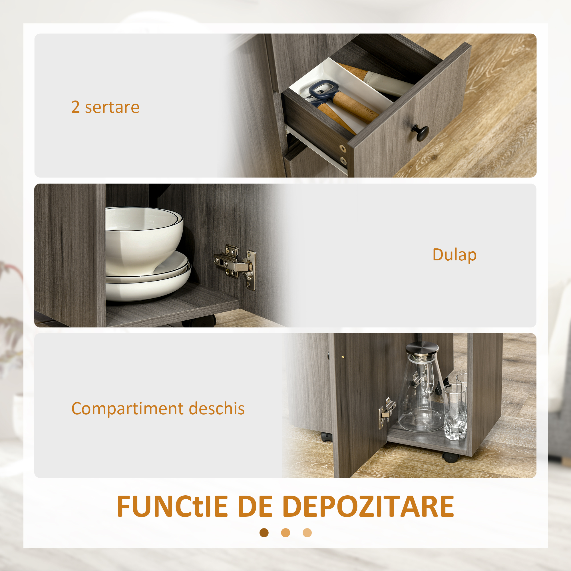  Masa Extensibila pe 6 Roti cu 2 Sertare si Dulap cu Usi, din Lemn, 120x60x76.5 cm, Gri [5]