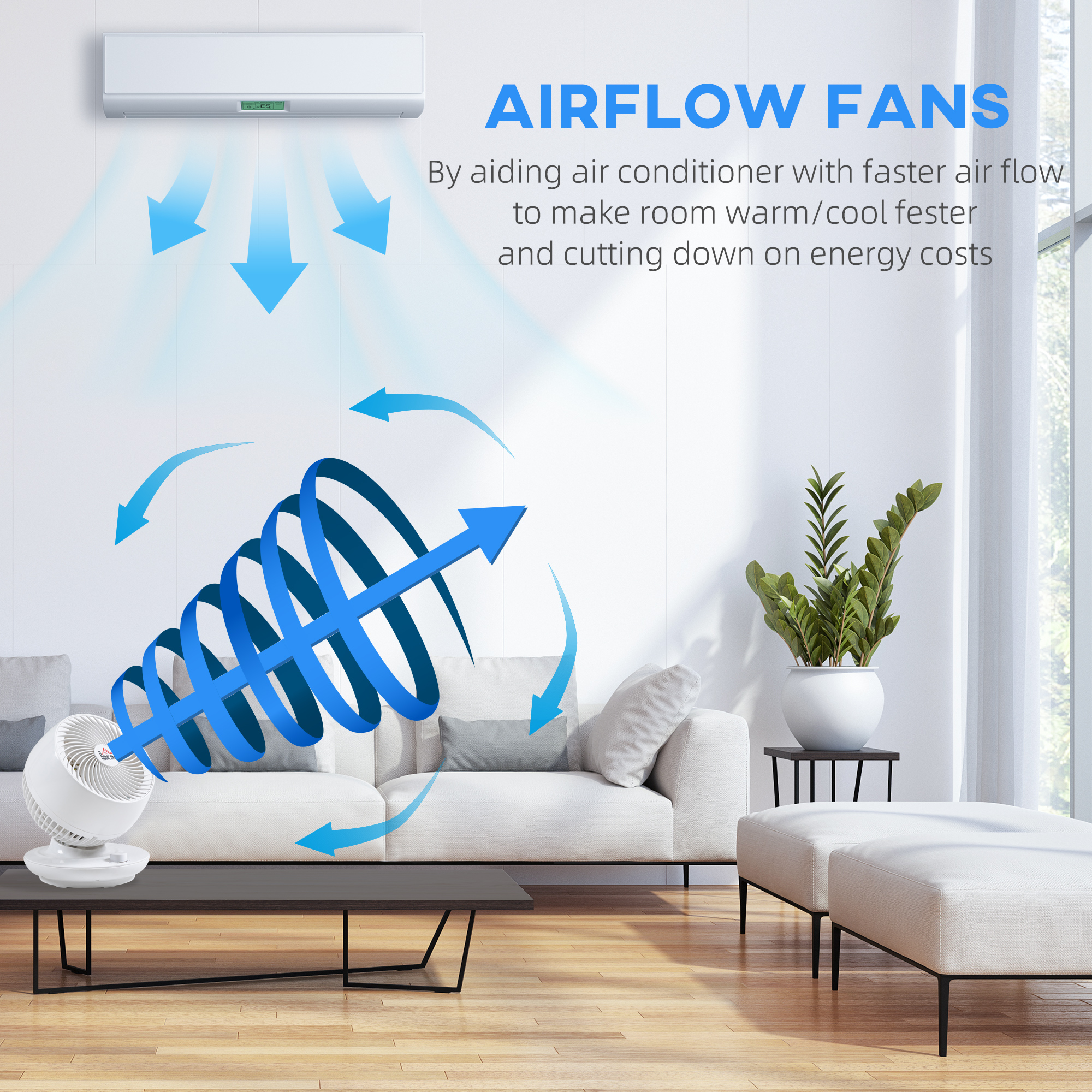  Ventilator pentru flux de aer cu 3 viteze, oscilare la 70° inclinare la 90°, ventilator personal de pus pe masa pentru camera de zi, dormitor, birou, negru si alb [3]