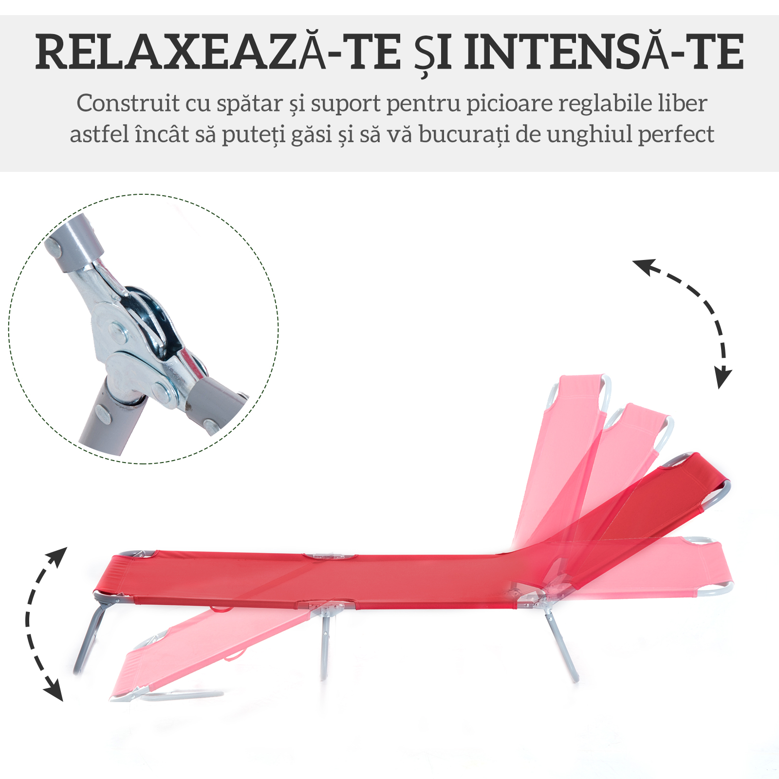  sezlong Pliabil cu Spatar Reglabil in 5 Pozitii, sezlong de Gradina cu Structura din Metal si tesatura Oxford, pentru Plaja, Piscina sau Gradina, 187x55x24cm, Rosu [4]