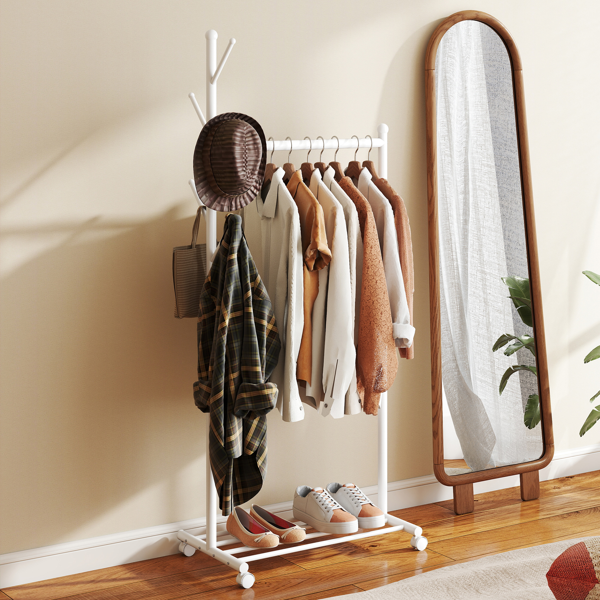  Stand Cuier de Podea cu Roti, 5 Carlige si Raft Inferior pentru incaltaminte, Alb [6]