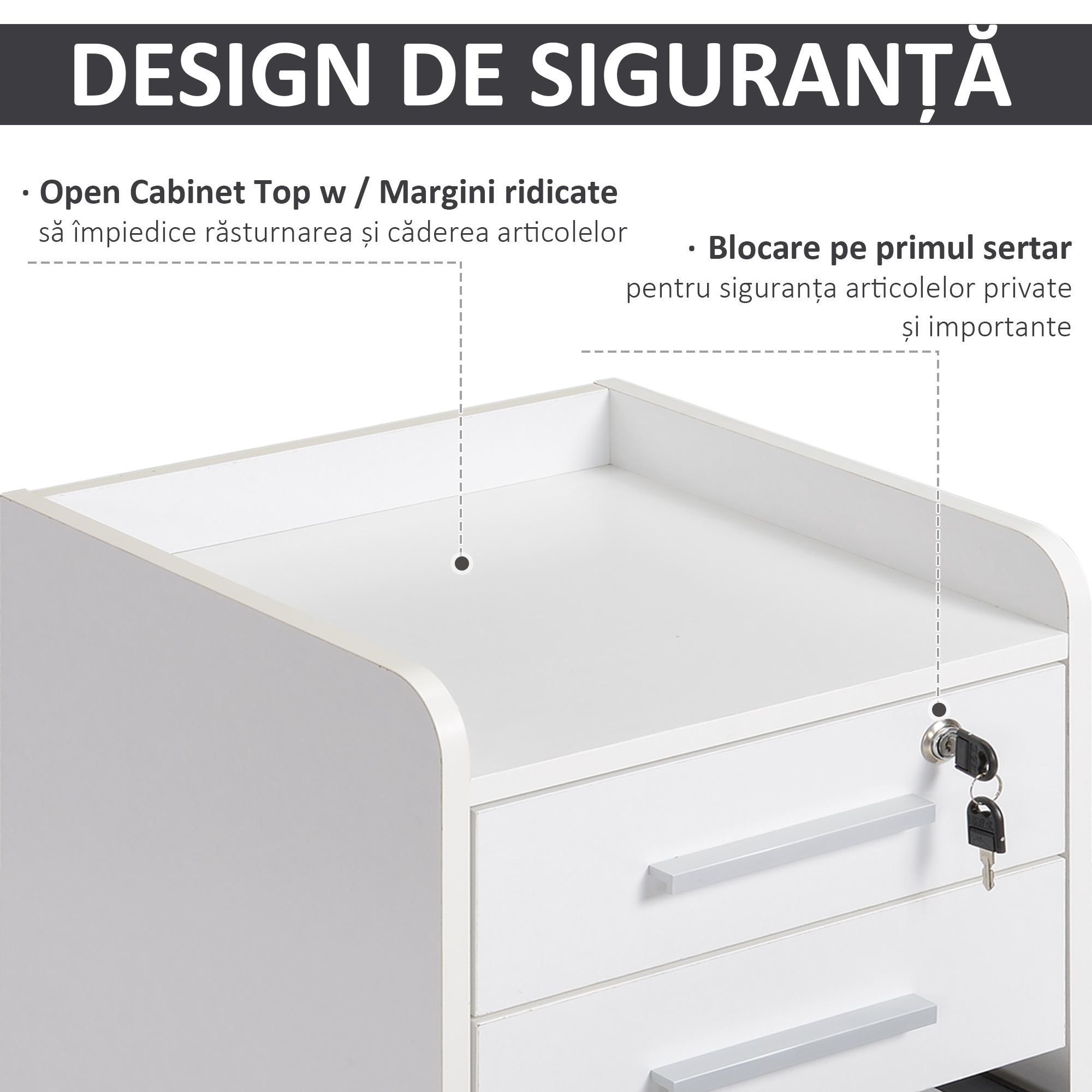  Comoda Birou 3 Sertare - Cu Etajera & 5 Roti, Alb Modern [5]