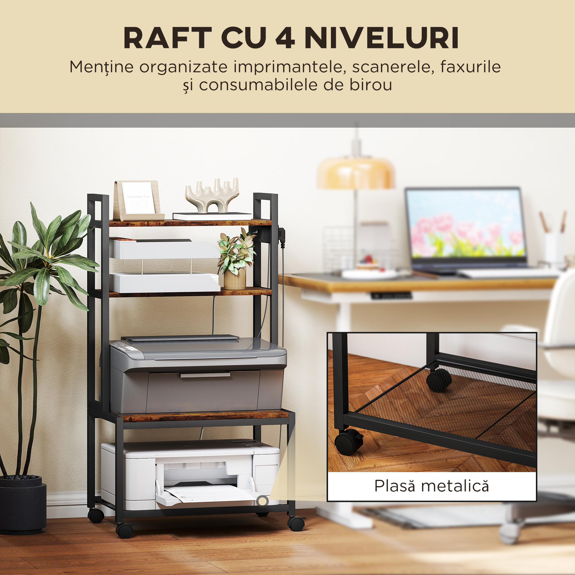  Raft Mobil pentru Imprimanta cu 4 Niveluri, Prize de Curent, Roti si Cadru din Metal, 55x37.5x100 cm, Maro [4]