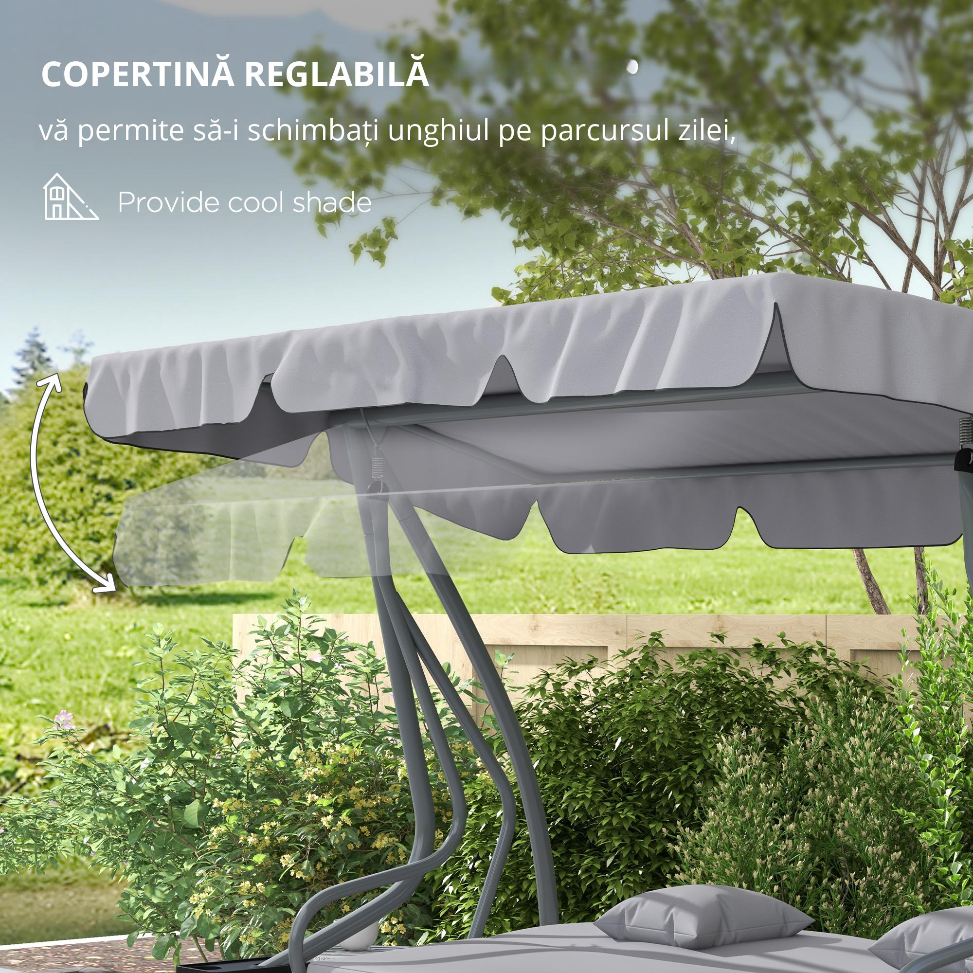  Pat de Gradina cu Copertina Reglabila si Suport pentru Pahare, Balansoar de gradina din otel si poliester, 200x120x164 cm, Gri Deschis [5]