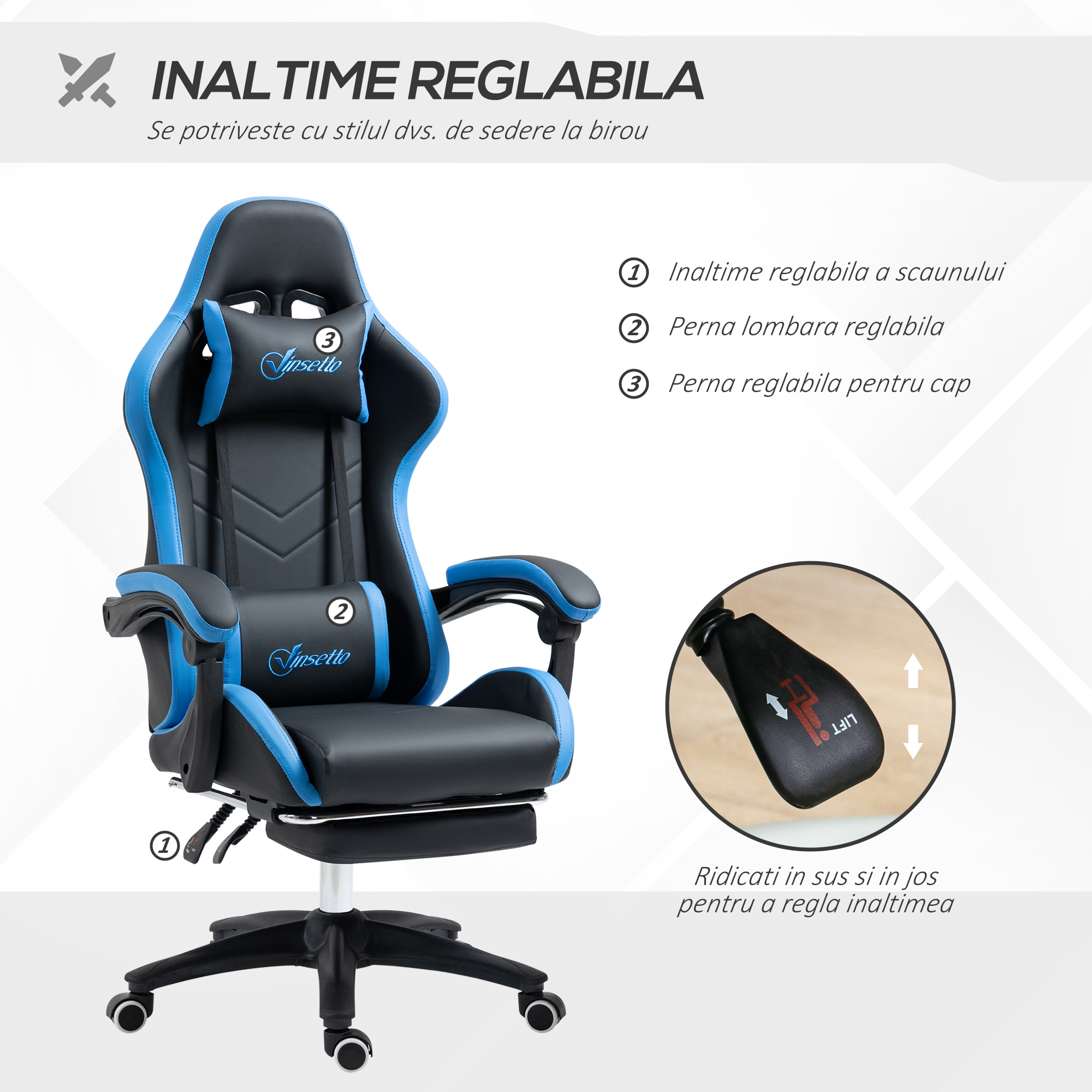  Scaun de gaming din piele ecologica PU si otel cu inaltime reglabila si spatar inclinabil, 65x65x121-129 cm, albastru si negru [3]