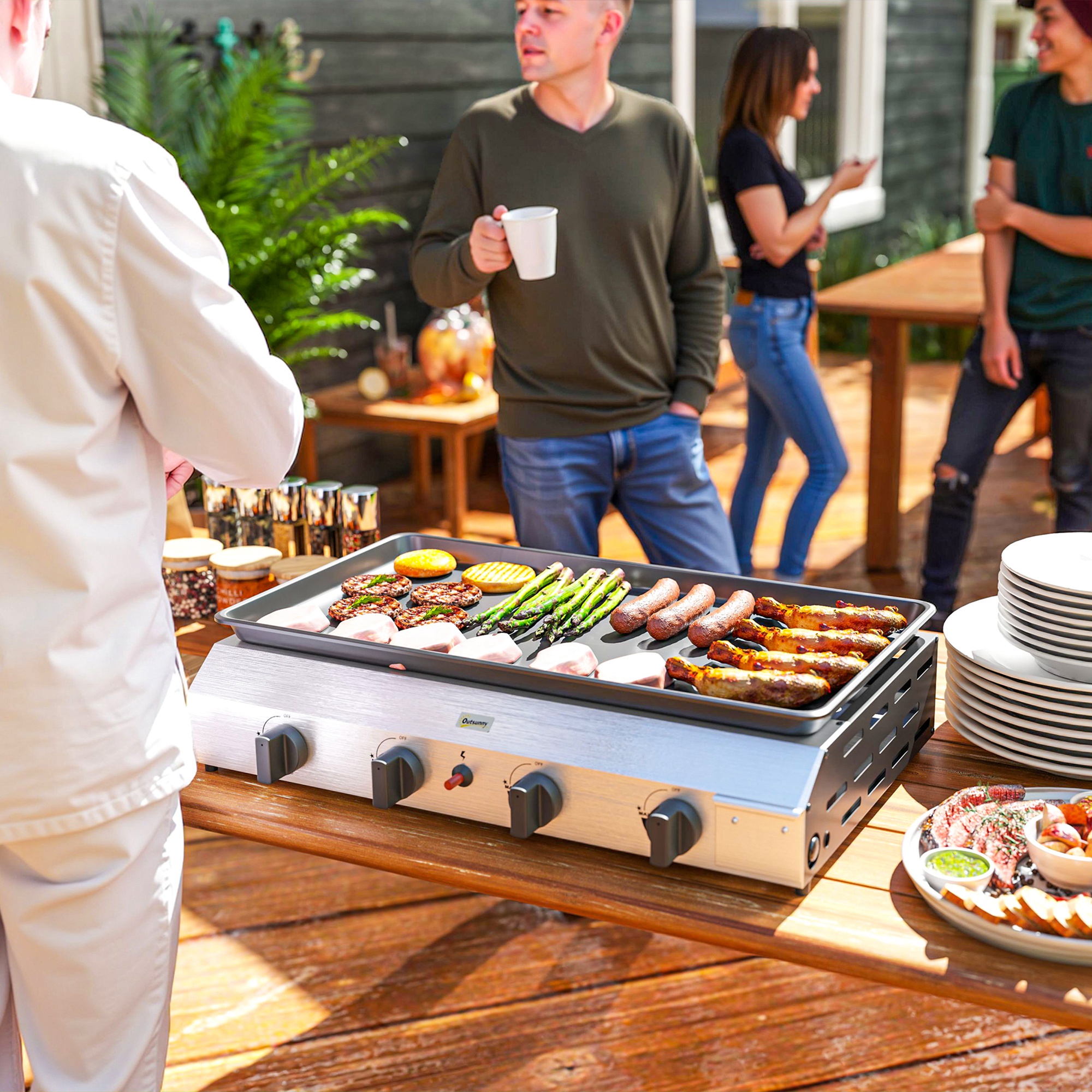  Gratar pe Gaz cu 4 Arzatoare, Picioare Reglabile si Tava de Colectare a Grasimii, 77x44.5x19 cm, Argintiu [1]