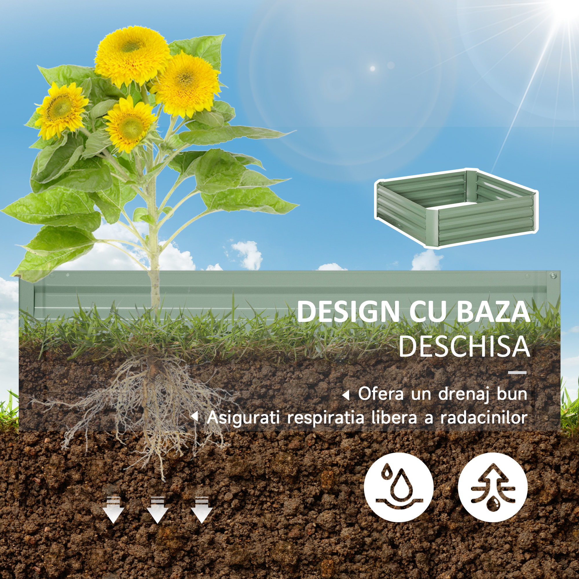  Set 2 Paturi de Gradina inaltate din Otel, Jardiniera de Gradina pentru Plante, Legume si Arbusti, 100x100 cm, Verde [4]