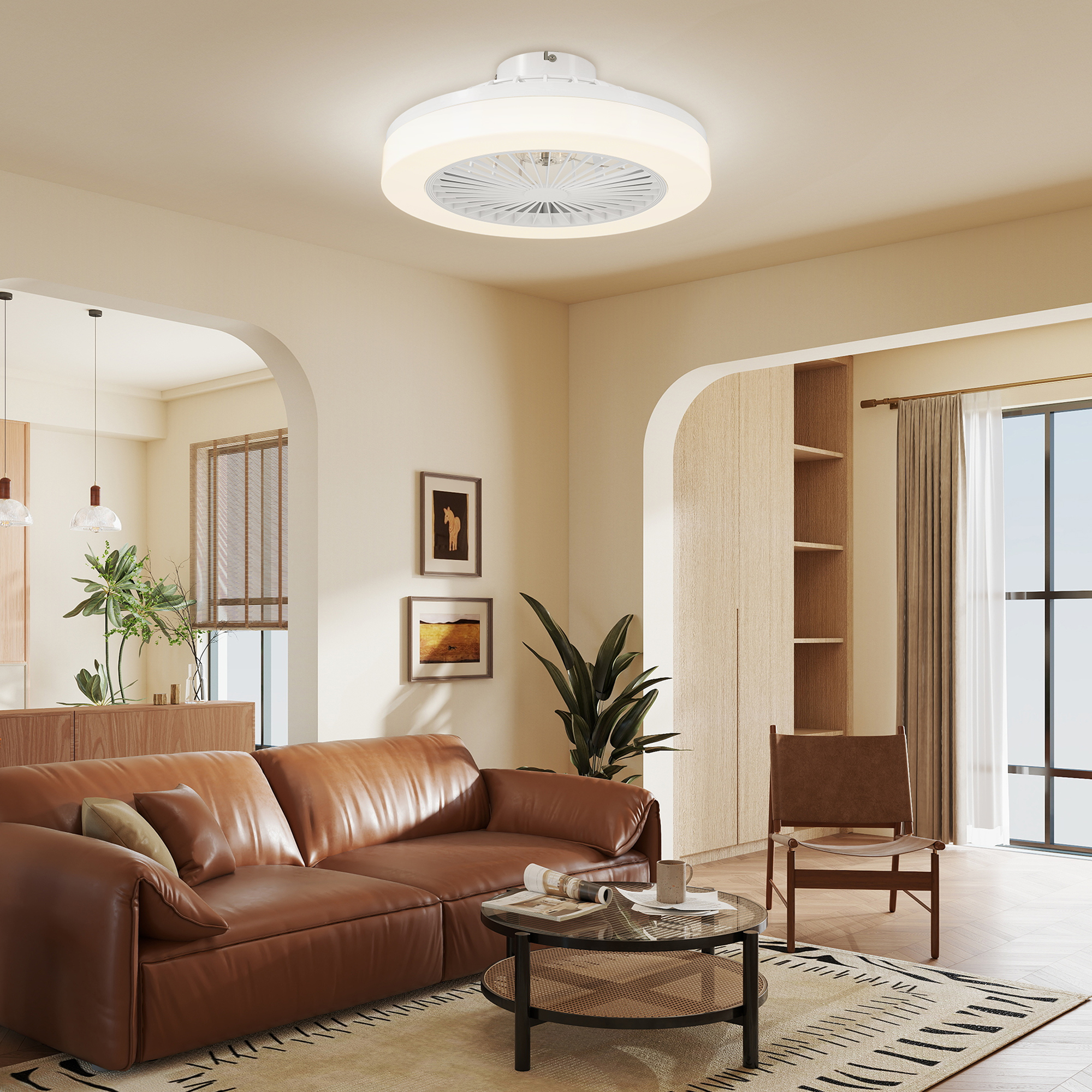  Ventilator de Tavan cu Lumina LED Reglabila, Telecomanda, Timer, 6 Viteze si Flux Reversibil, Ventilator din Plastic si Acrilic, Ø46x16 cm, Alb [8]