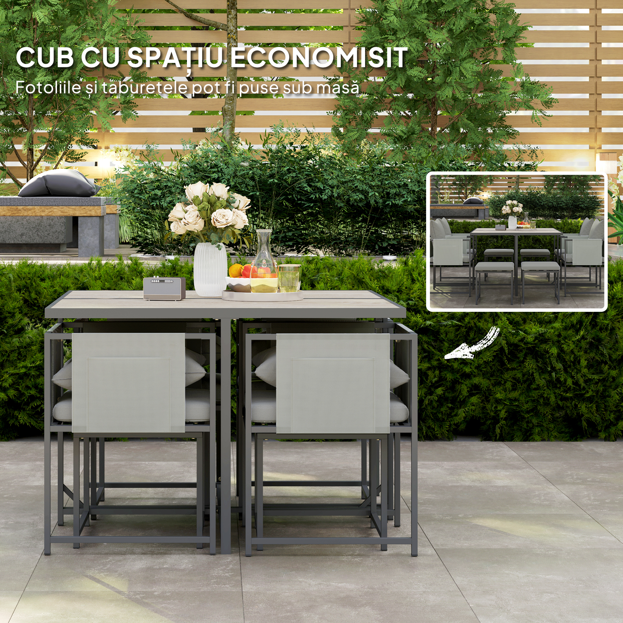  Set Mobilier de Gradina din 9 Piese cu Masa, 4 Fotolii si 4 Scaune, 110x110x75 cm, Gri [3]