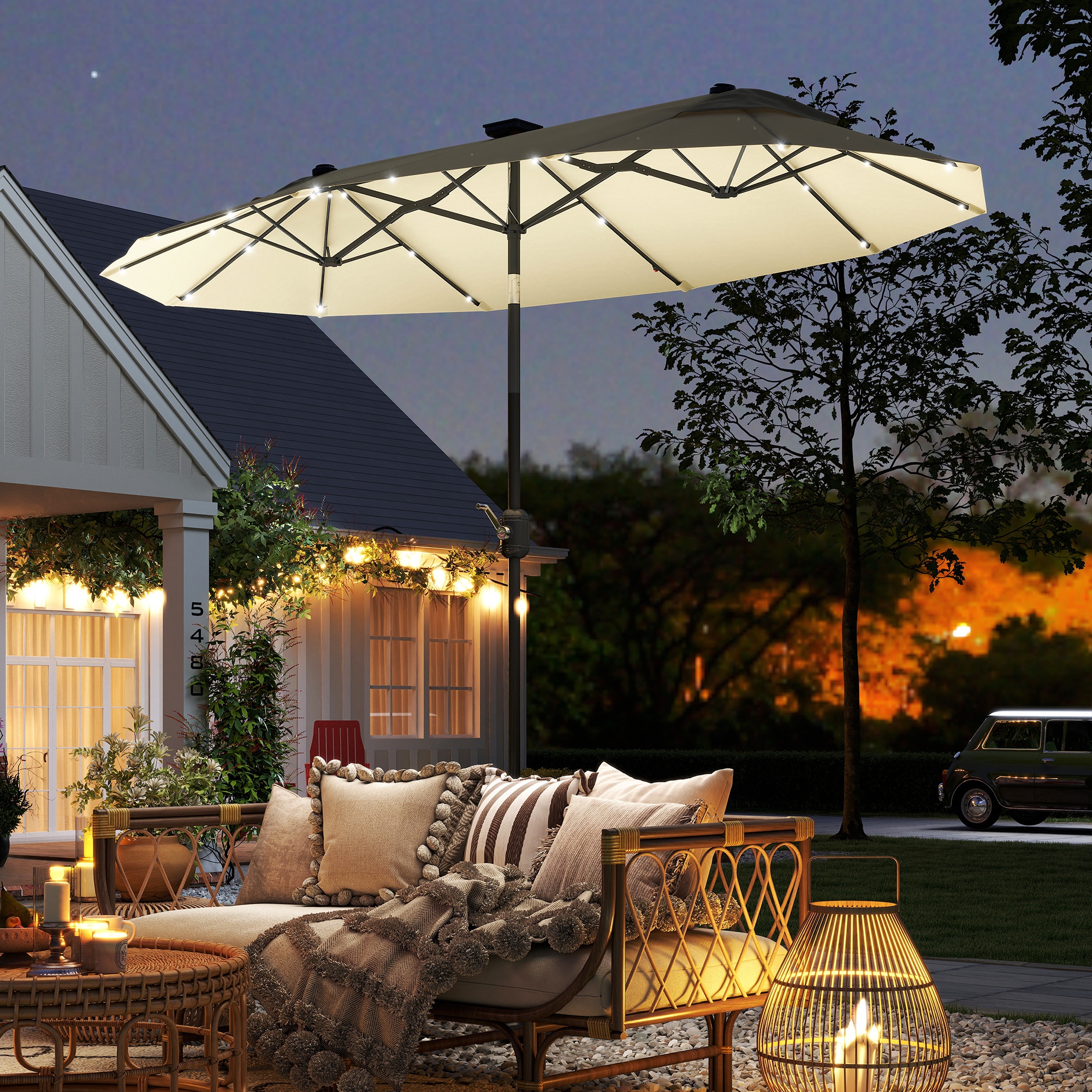  Umbrela Dubla cu Lumini LED si Baza in Forma de Cruce, din Poliester si Otel, 295x150x219 cm, Alb Crem [1]