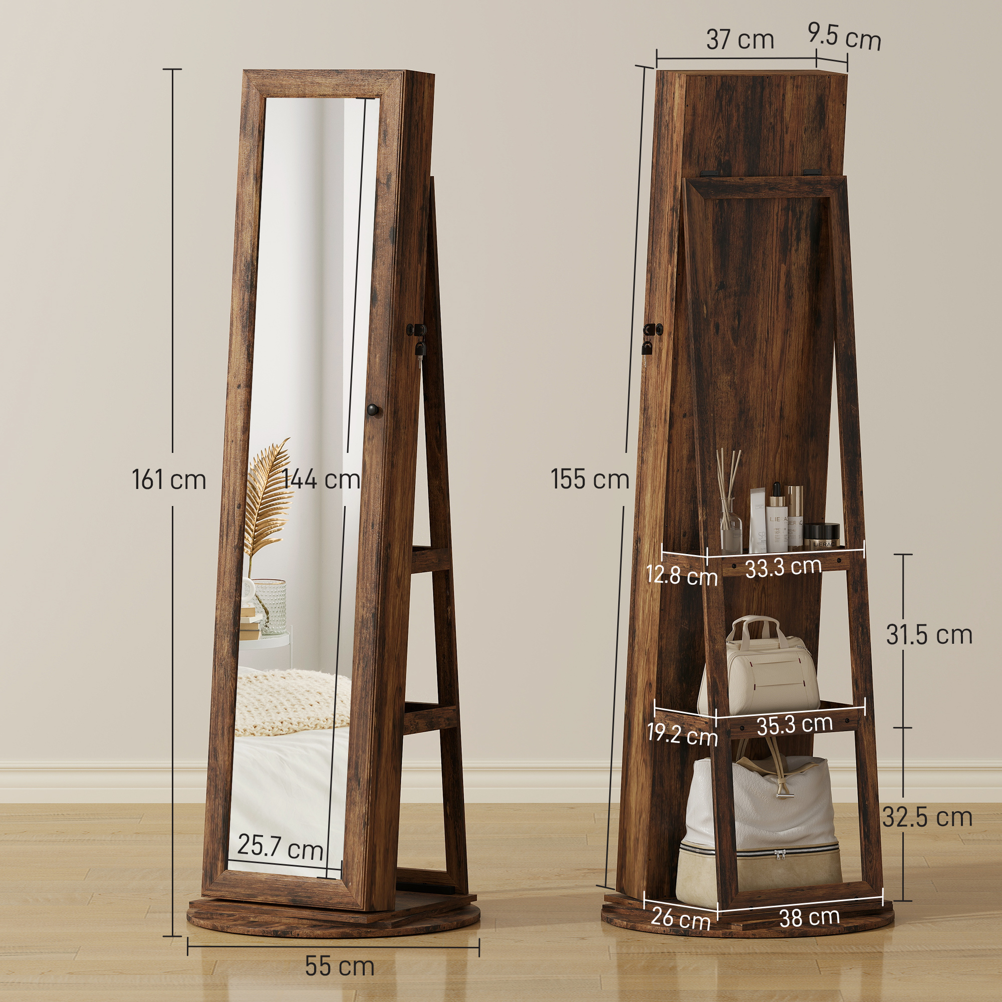  Oglinda cu Spatiu pentru Bijuterii Rotativa si Cu inchidere, Maro [2]