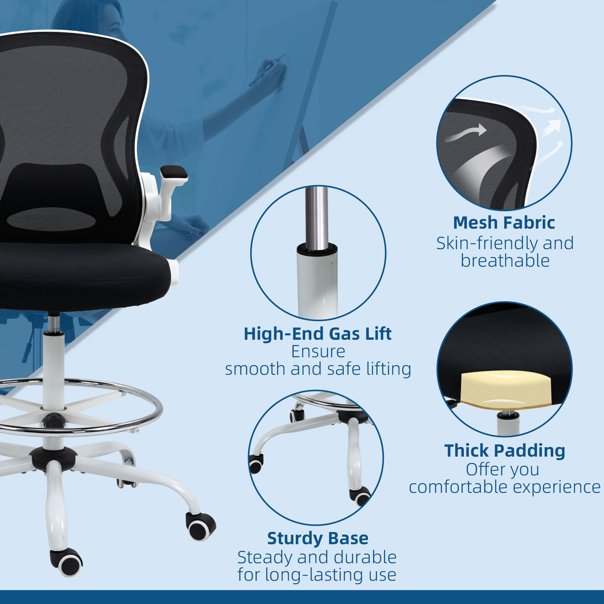  Scaun ergonomic inalt pentru birou, pentru stat in picioare, cotiere rabatabile, suport lombar, inaltime reglabila, negru [8]