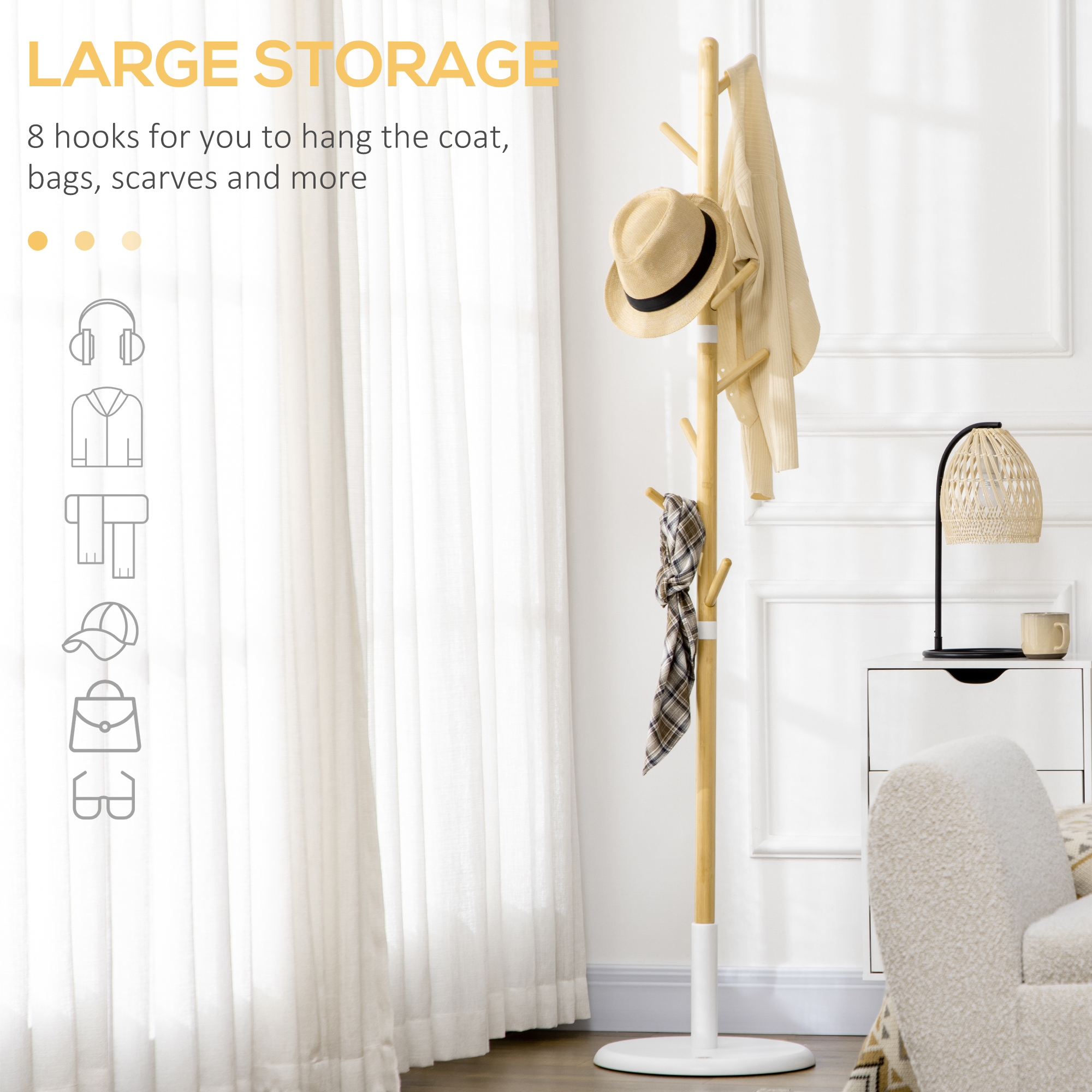  Cuier Vertical cu 8 Carlige cu Baza Rotunda din Bambus, Lemn si Metal, Ø37,8x175,6 cm, Lemn Natural [4]