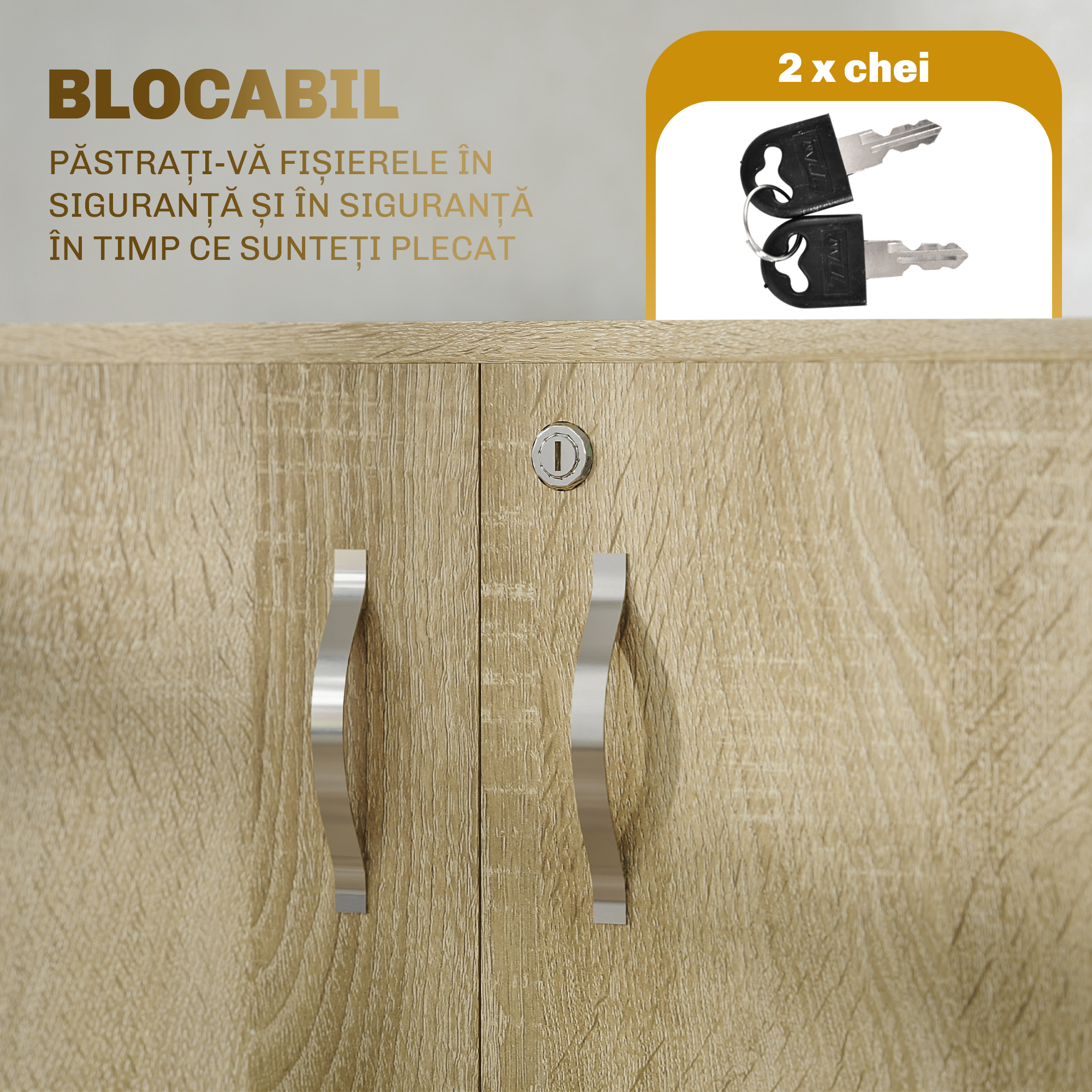  Dulap de birou multifunctional pentru documente cu incuietoare, 2 usi si raft interior, 80x40x80 cm, stejar [5]