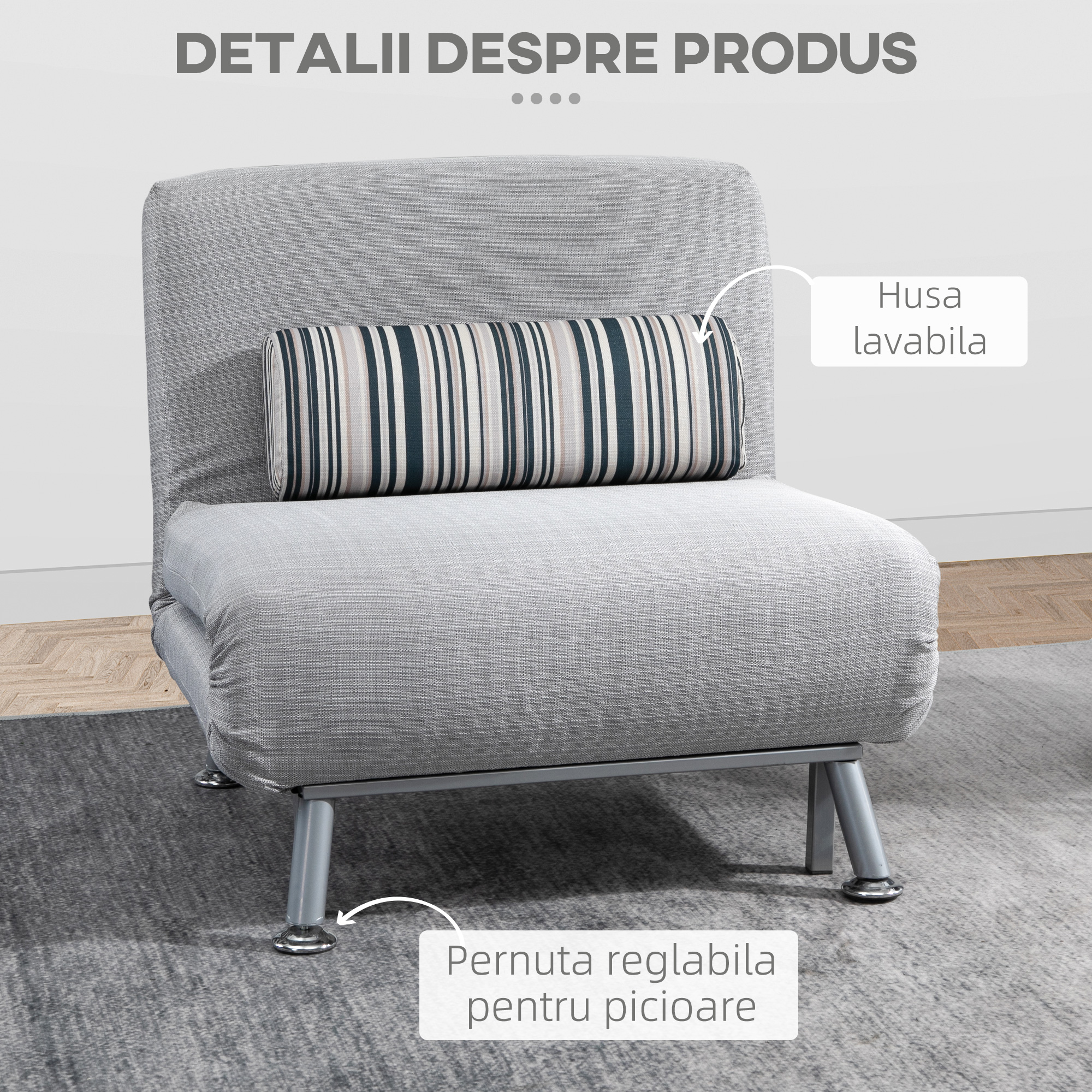  Fotoliu Extensibil Gri cu Perna cu Dungi [6]