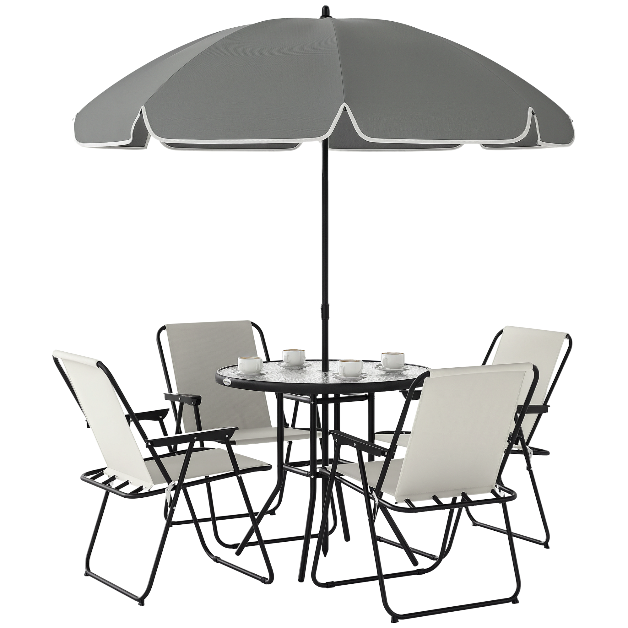 Gradina & balcon -  Set de Mobilier de Gradina din 6 Piese cu Umbrela de Soare,  Masa si Scaune Pliante, Ф80x70 cm, Alb Crem