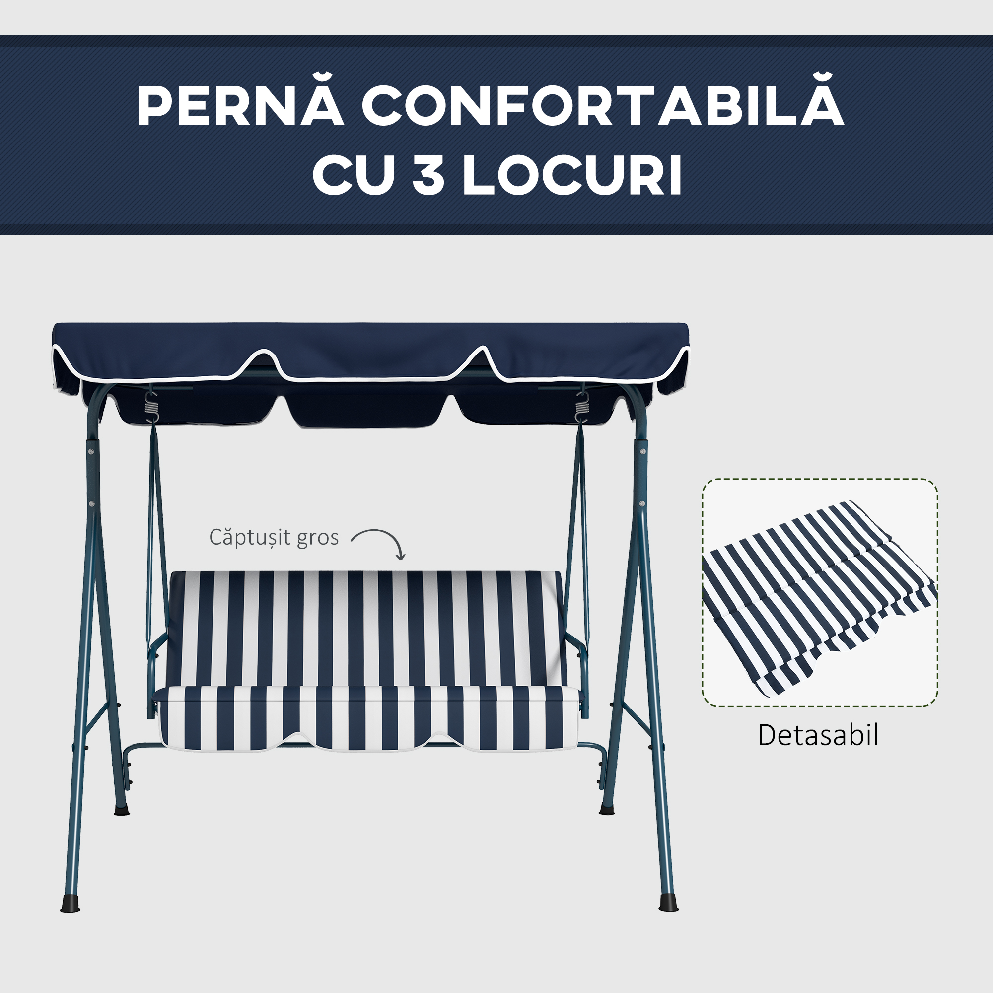  Leagan de Gradina cu 3 Locuri cu Acoperis Solar, Balansoar in Aer Liber cu Structura din Otel si Poliester, 172x110x153 cm, Alb si Albastru [6]