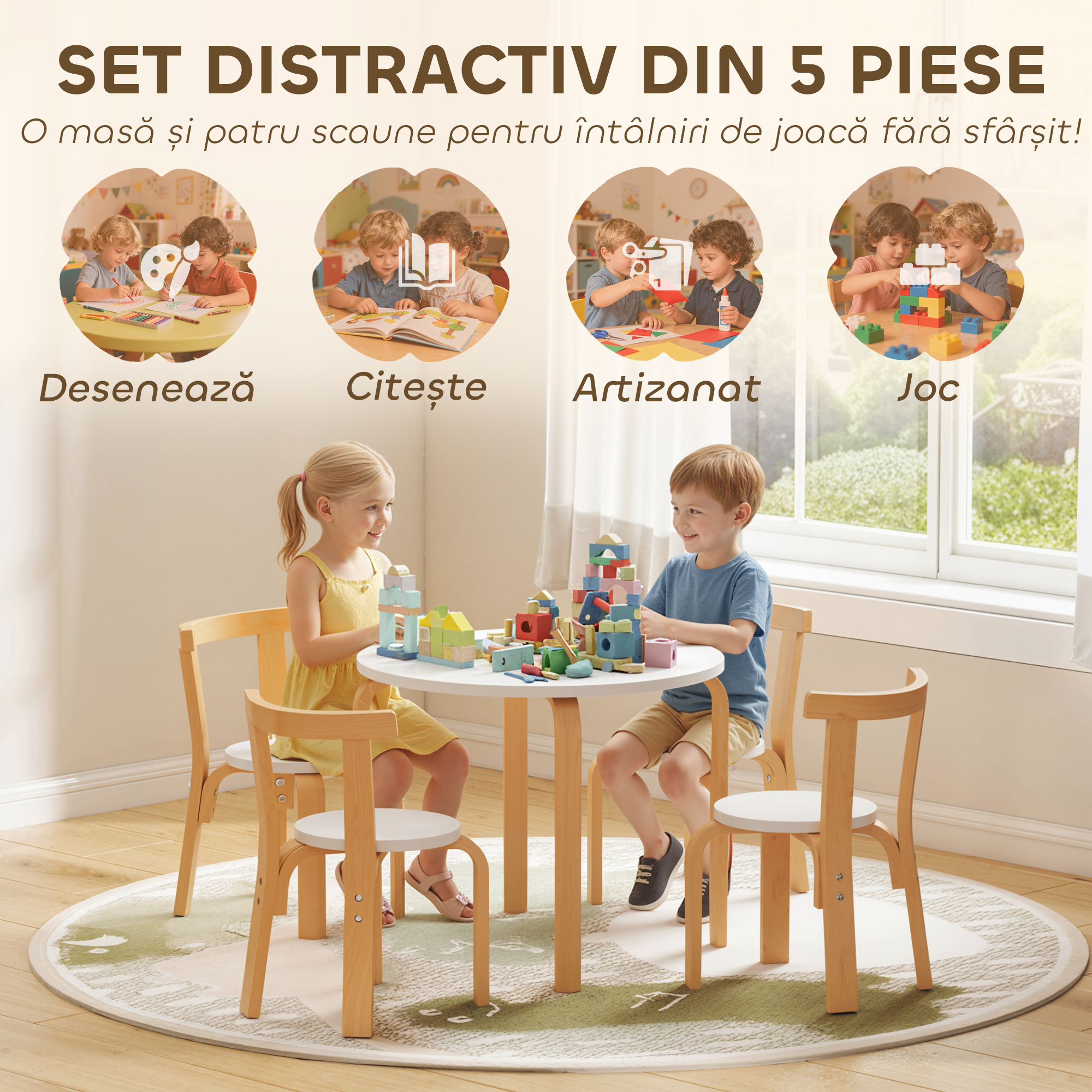  Set Masa si Scaune pentru Copii 3-8 Ani 5 piese cu Margini Rotunjite din Lemn Alb [3]
