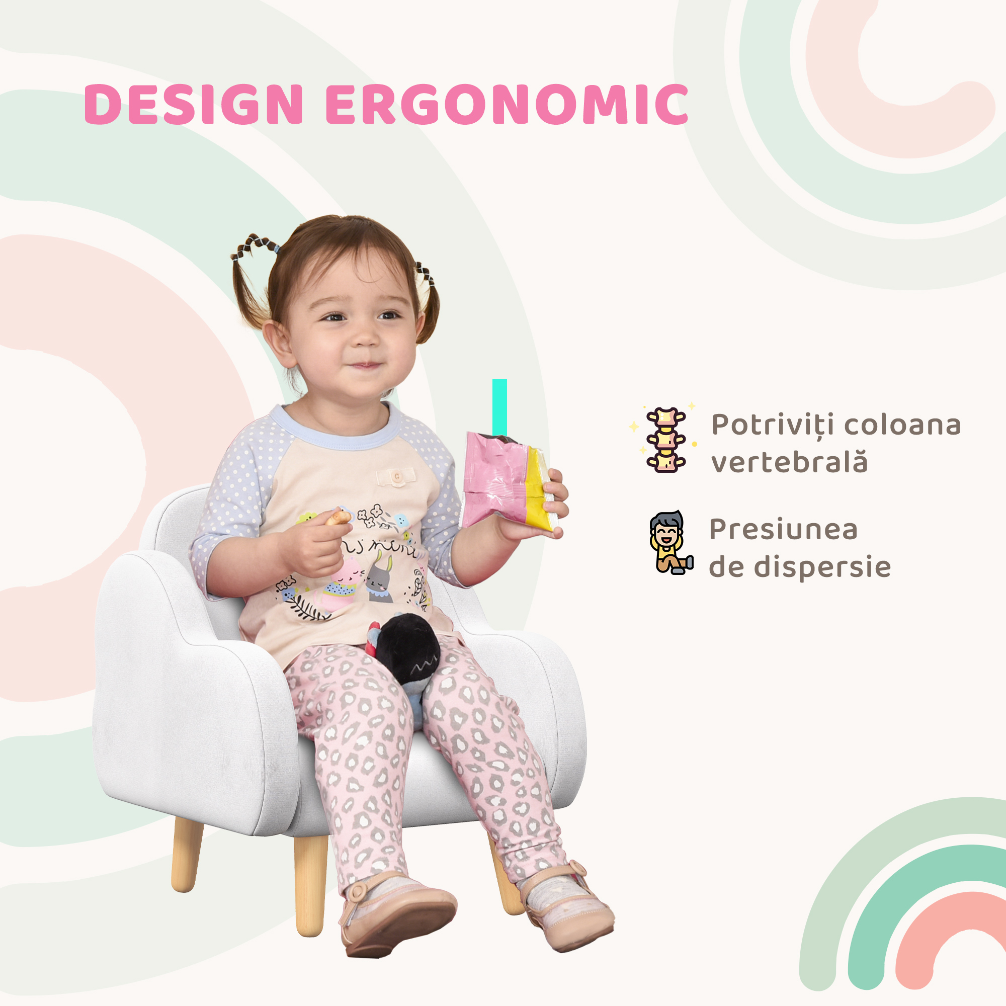  Fotoliu pentru Copii Stil Scandinav cu Brate in Forma de Nor din Material Textil, Alb, 46x51x55 cm [5]