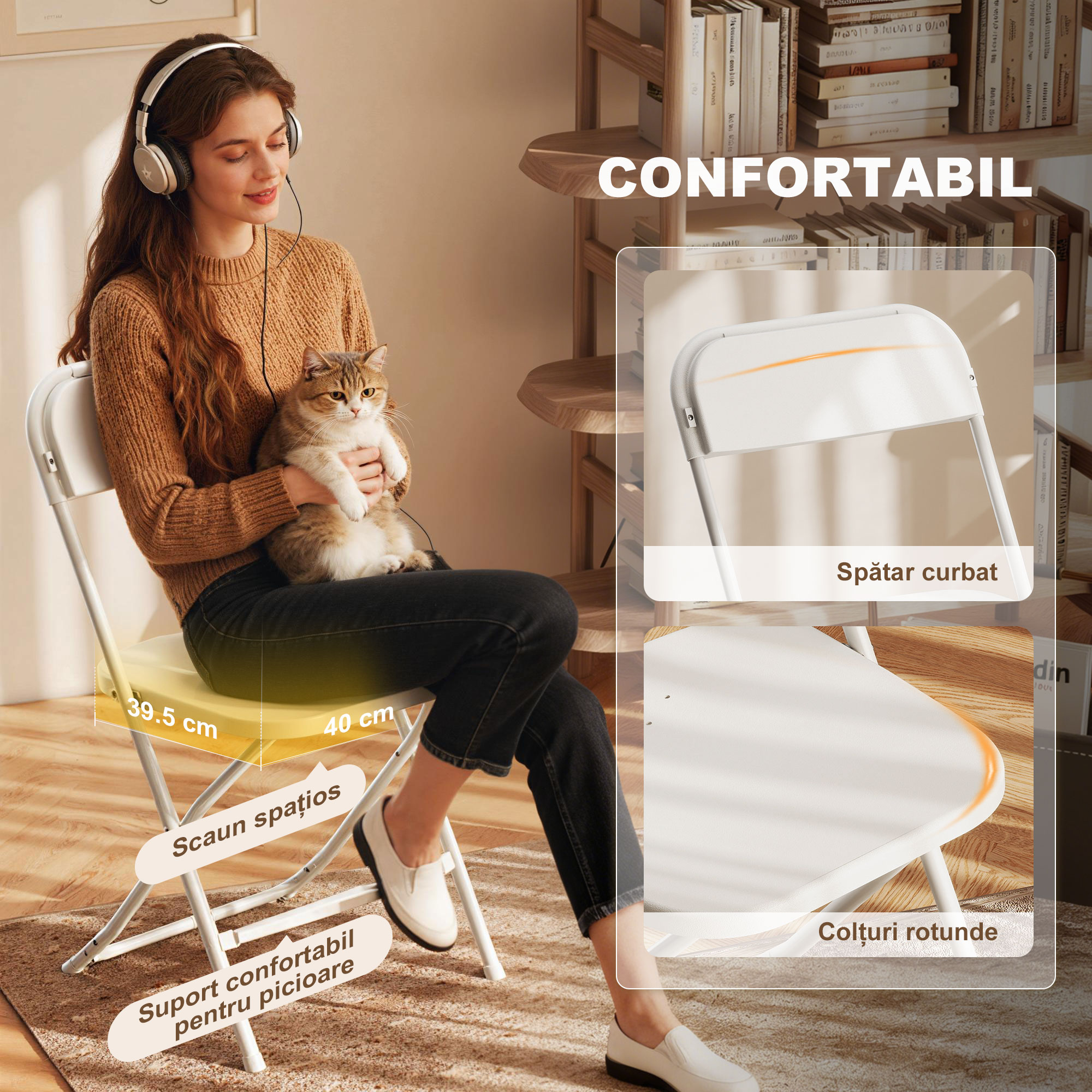  Set de 6 Scaune Pliabile din PP cu Orificii de Drenaj, Scaune Economice Portabile din Otel, Scaun Pliabil pentru Interior, Casa, Birou, Bucatarie, Evenimente, 45x49x79,5 cm, Alb [3]