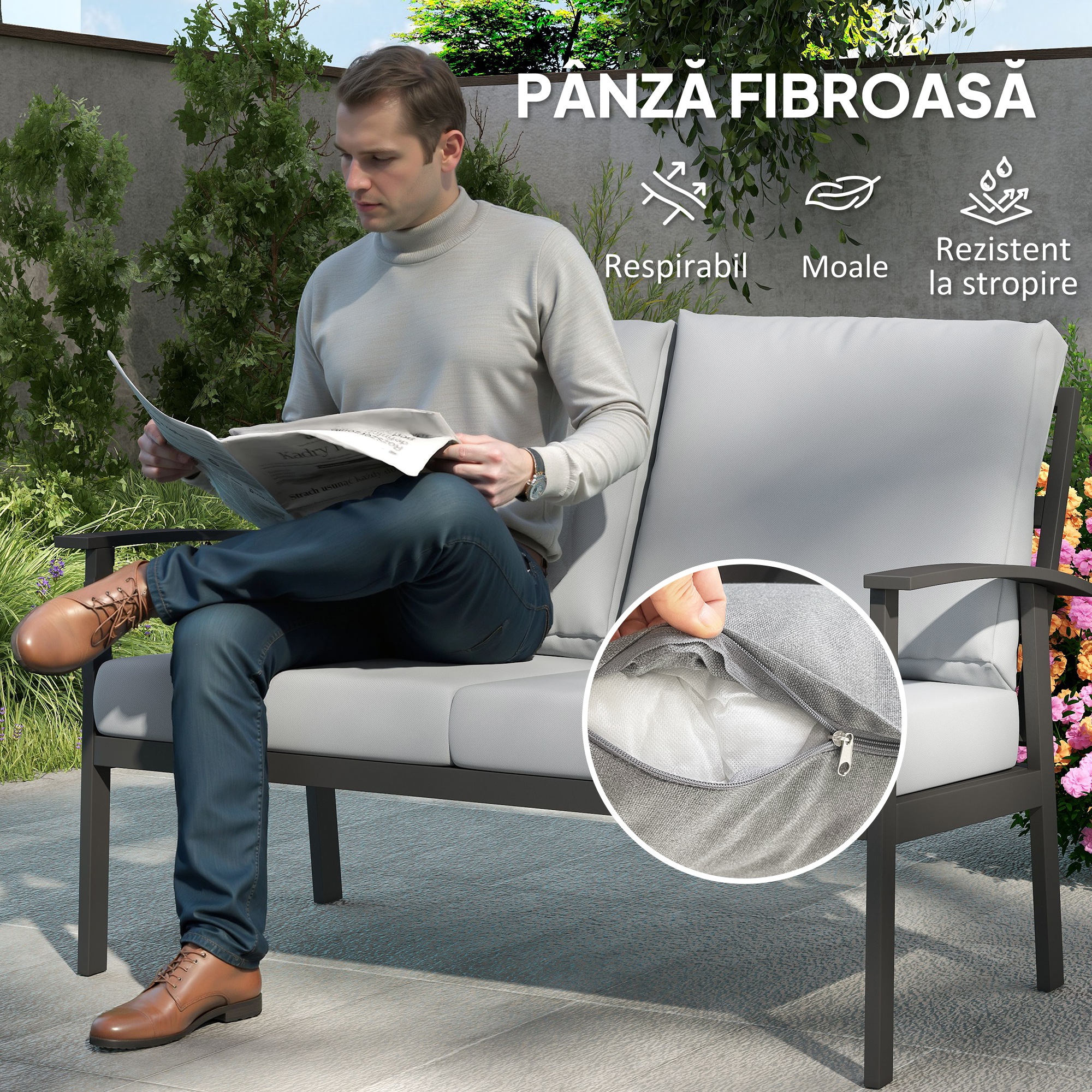  Set de Mobilier de Gradina din 4 Piese cu Canapea, 2 Fotolii si Masa de Cafea, 127x74x80 cm, Gri Carbune [5]