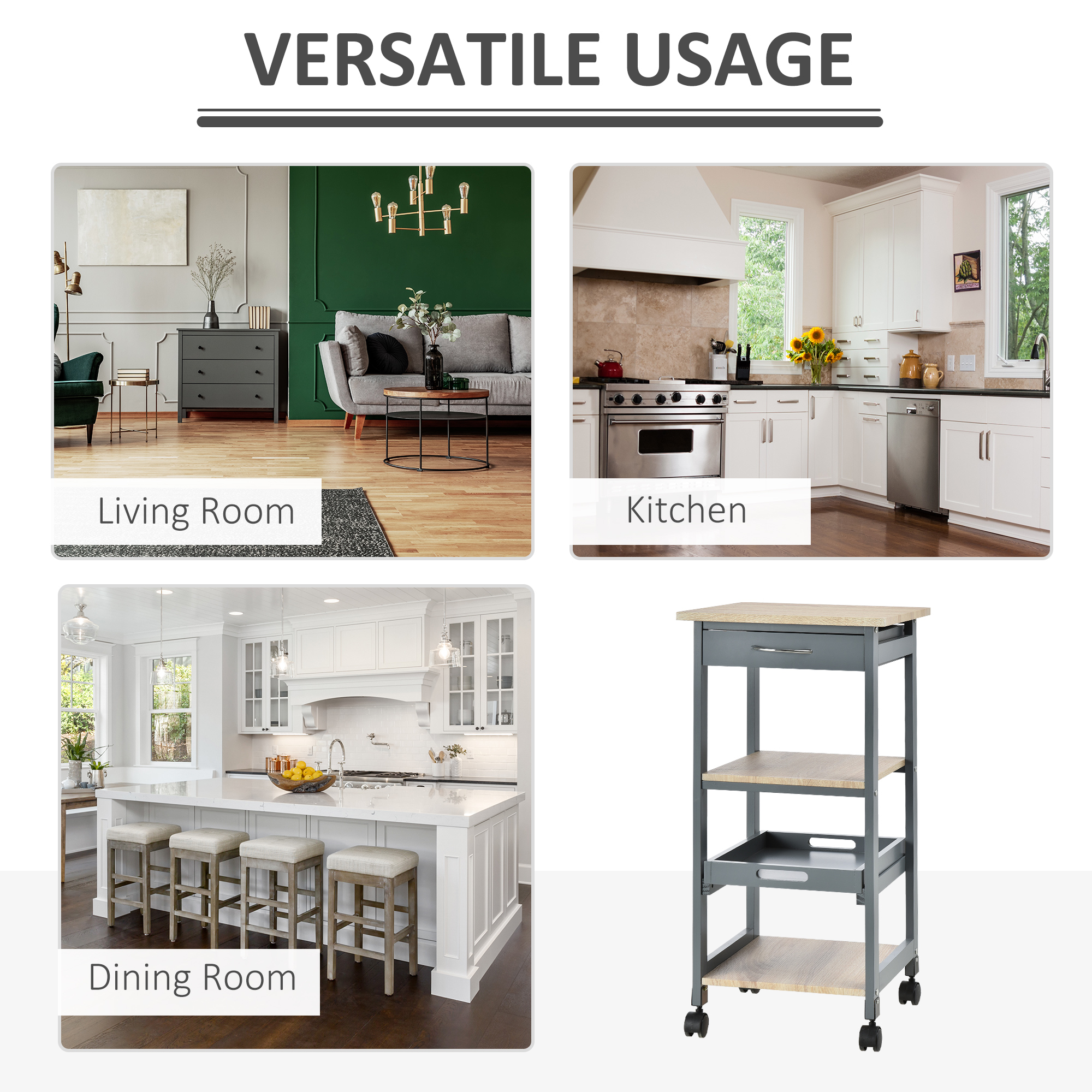  Carucior de Bucatarie pentru Servire cu Sertar, 2 Rafturi si Tava Detasabila, 37x37x76cm, Gri [7]