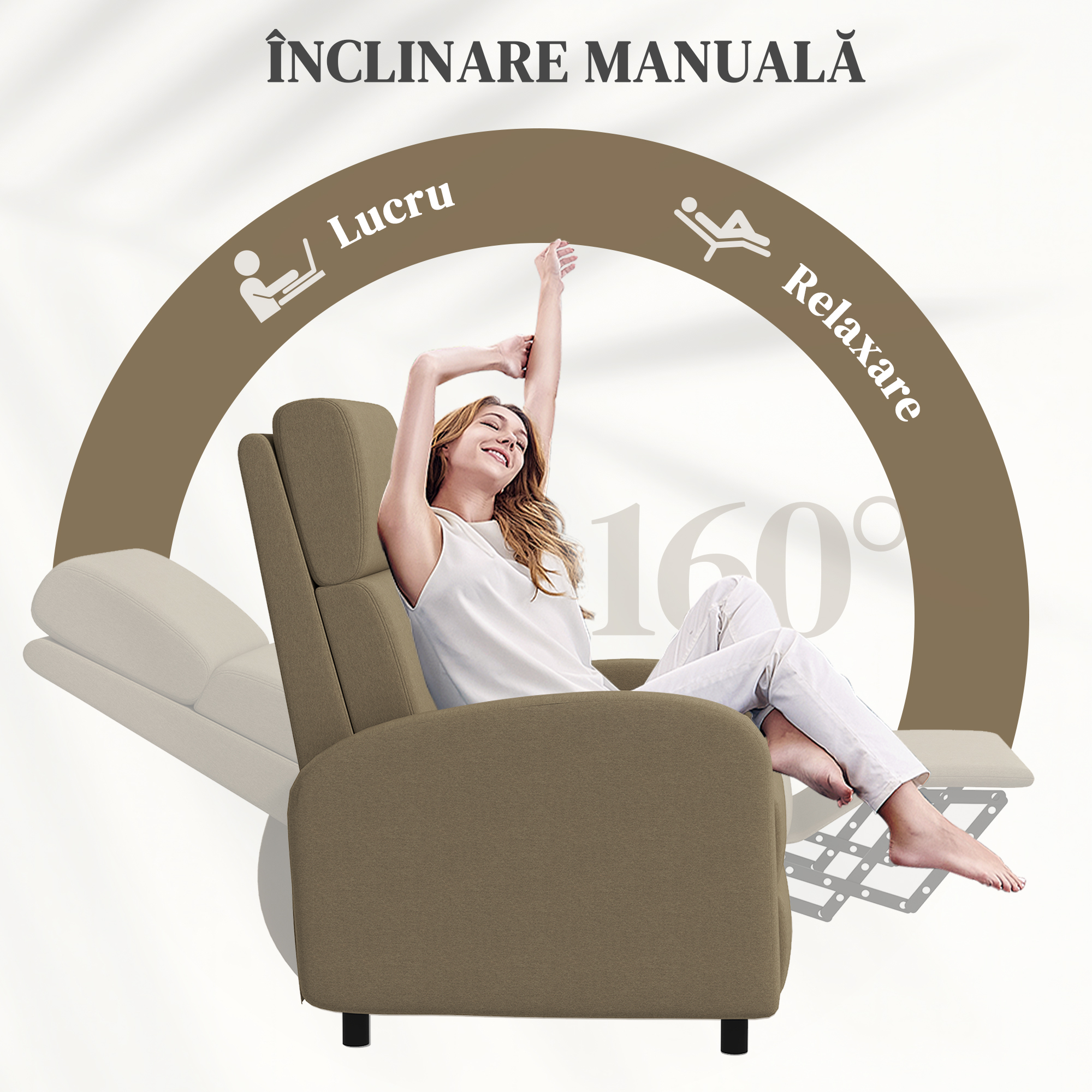  Fotoliu Relax Reclinabil Manual la 160° cu Suport pentru Picioare, Bej [3]
