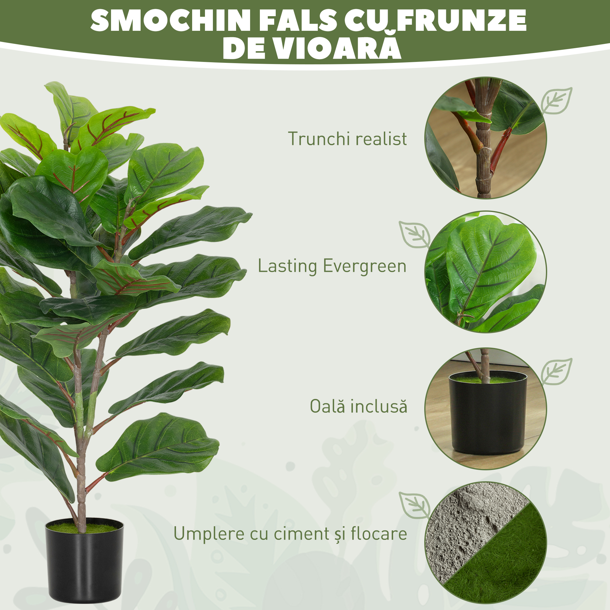  Planta Artificiala Ficus Lyrata inalta de 80 cm, Decorativa pentru Interior cu Ghiveci, Verde [3]