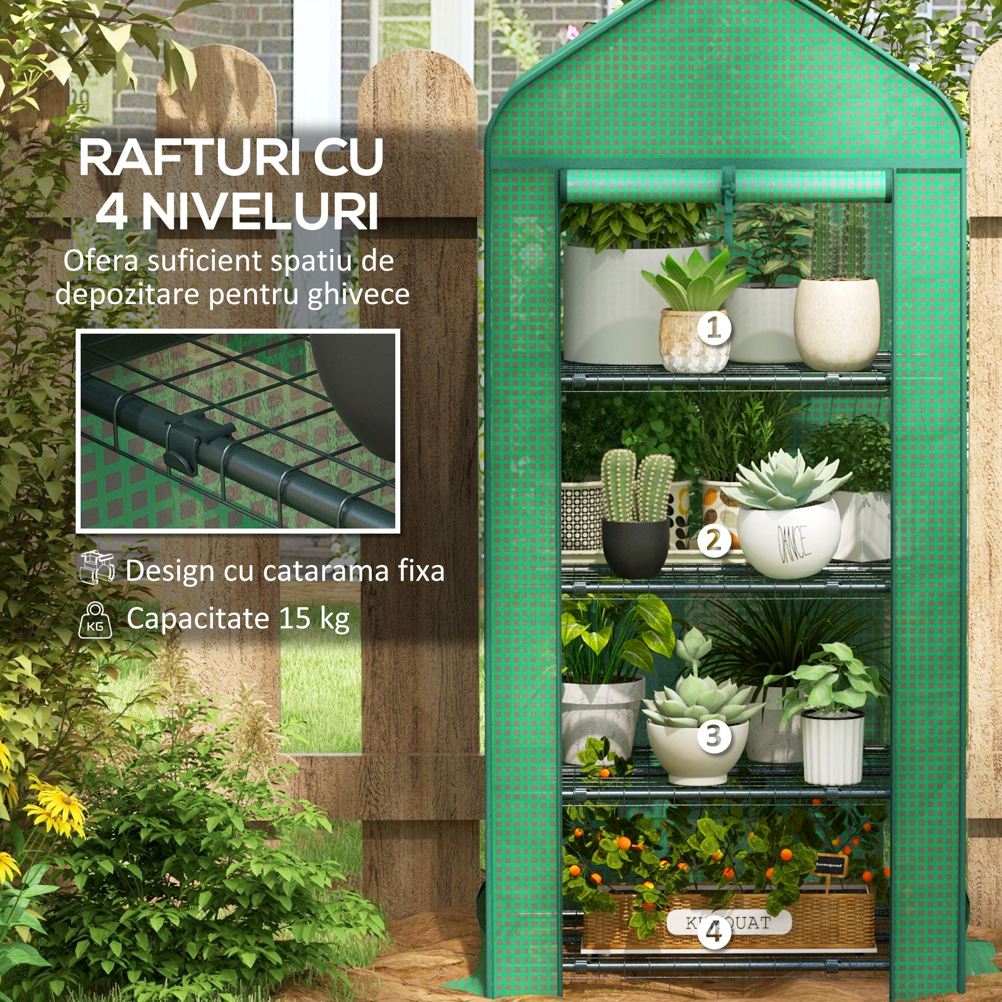  Sera pentru Plante cu 4 Rafturi si Usa Rulabila, din Metal si PE, 69x49x158 cm, Verde inchis [5]