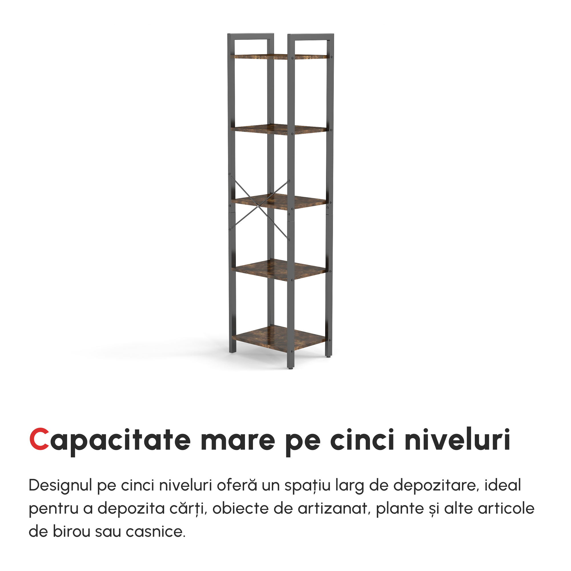  Biblioteca stil industrial cu 5 rafturi din lemn si otel, 40x30x154cm - Maro rustic [6]