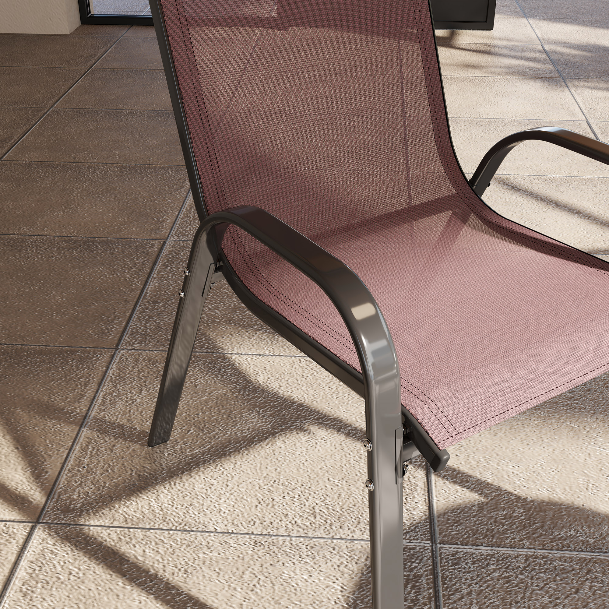  Set 4 Scaune de Gradina Stivuibile cu Brate Curbate, din Otel si Material Respirabil, 54x71x93 cm, Maro [7]